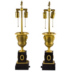 Pair of Gilt Bronze and Black Marble Lamps, circa 1840