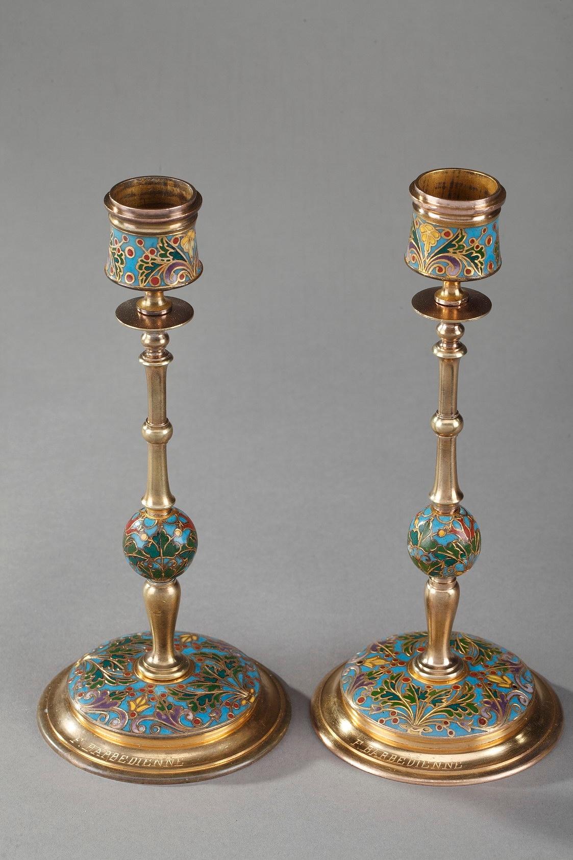 Pair of Gilt Bronze and Champleve Enameled Candlesticks by Barbedienne 5