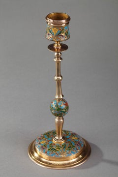 Pair of Gilt Bronze and Champleve Enameled Candlesticks by Barbedienne