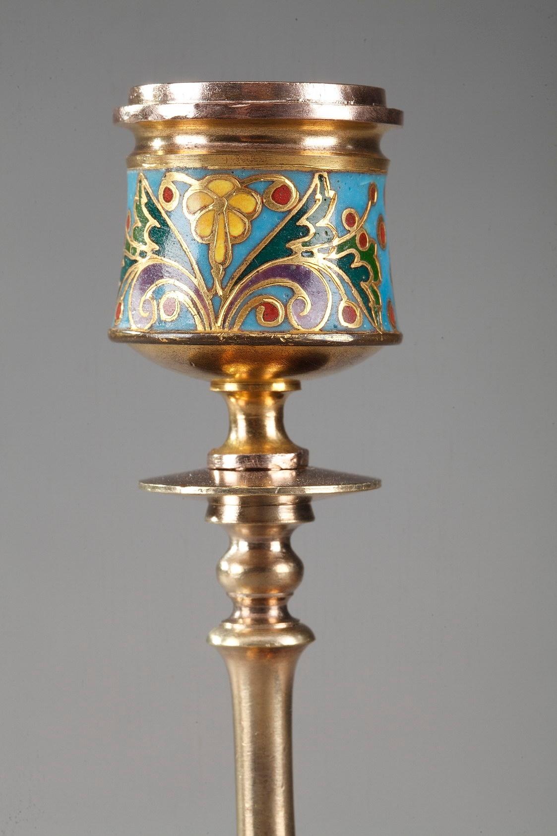 19th Century Pair of Gilt Bronze and Champleve Enameled Candlesticks by Barbedienne