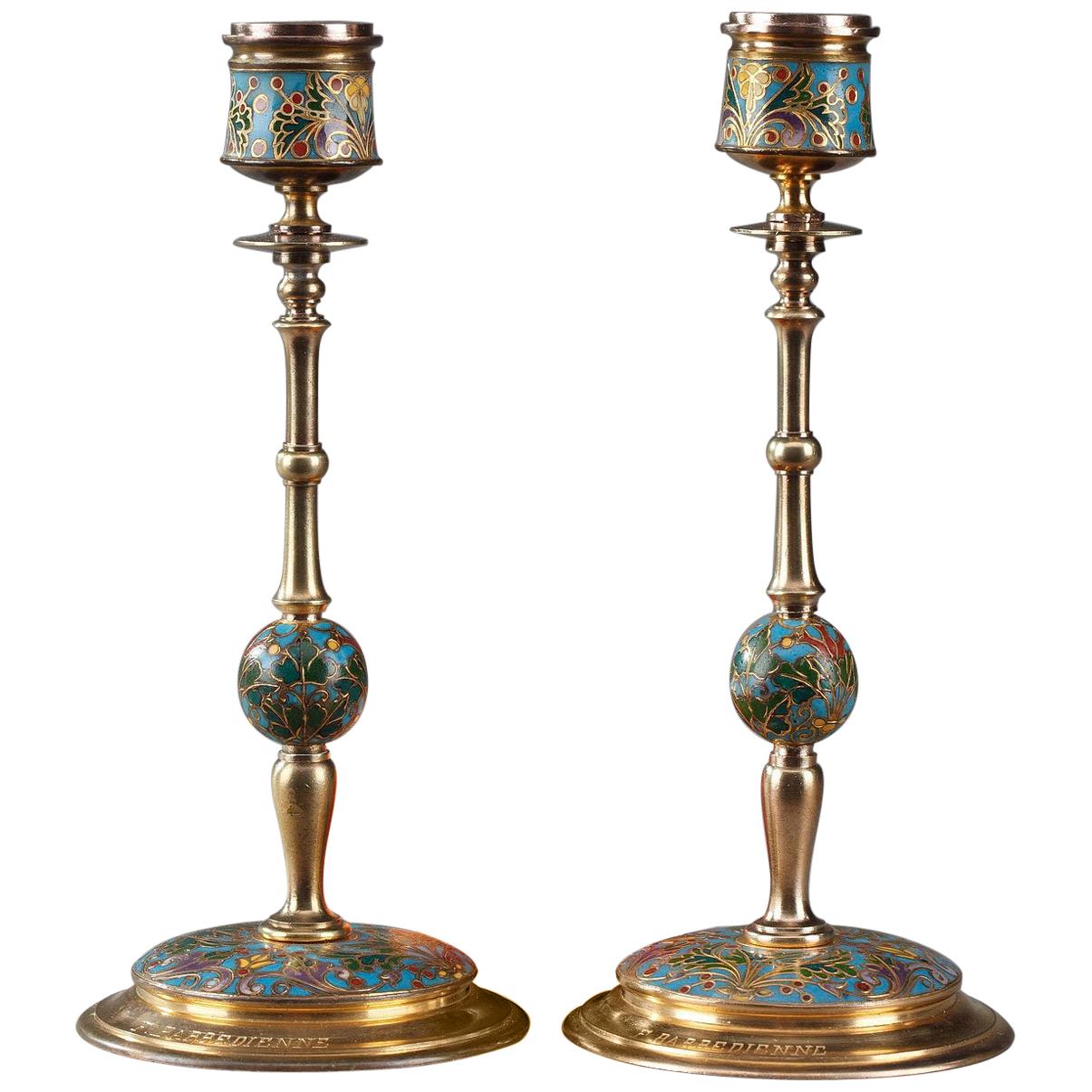 Pair of Gilt Bronze and Champleve Enameled Candlesticks by Barbedienne