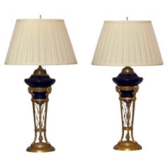 Pair of Gilt Bronze and Cobalt Blue Neoclassical Lamps