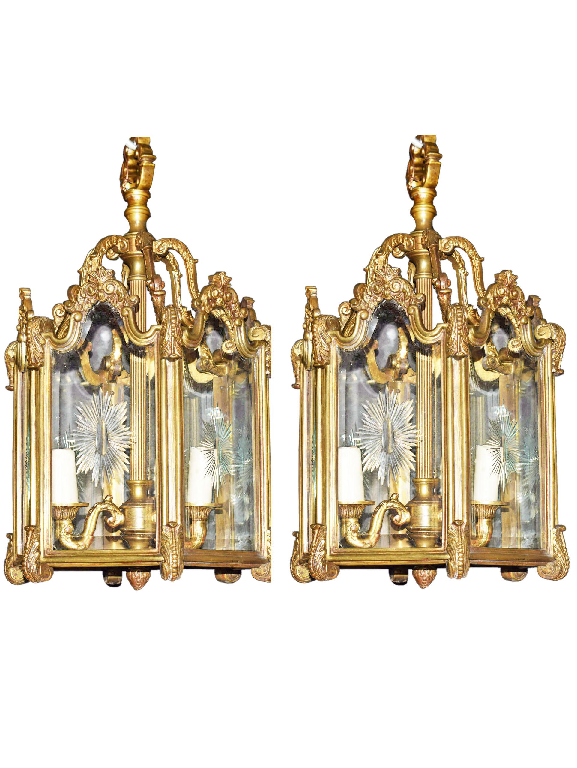 French Pair of Gilt Bronze and Crystal Lanterns