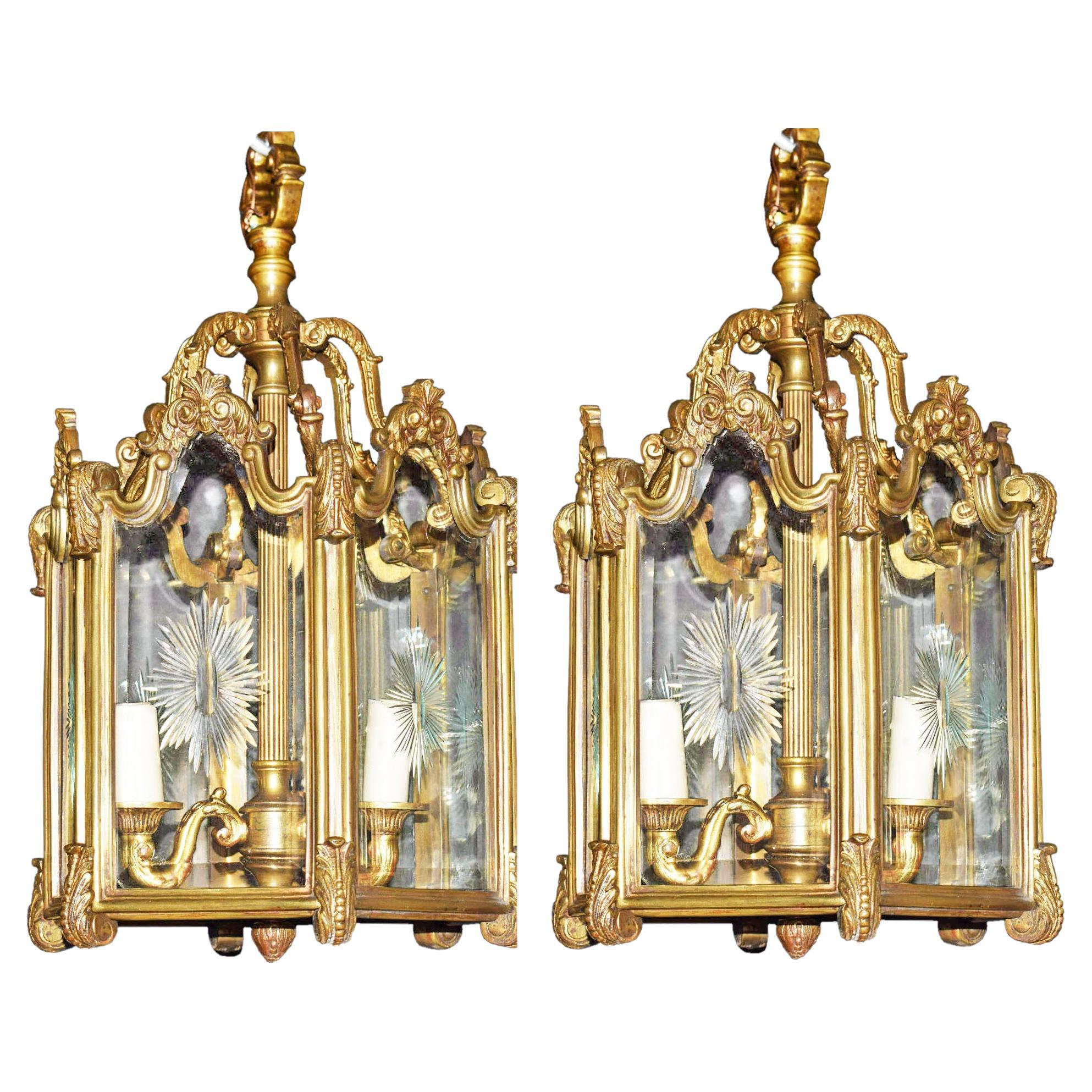 Pair of Gilt Bronze and Crystal Lanterns