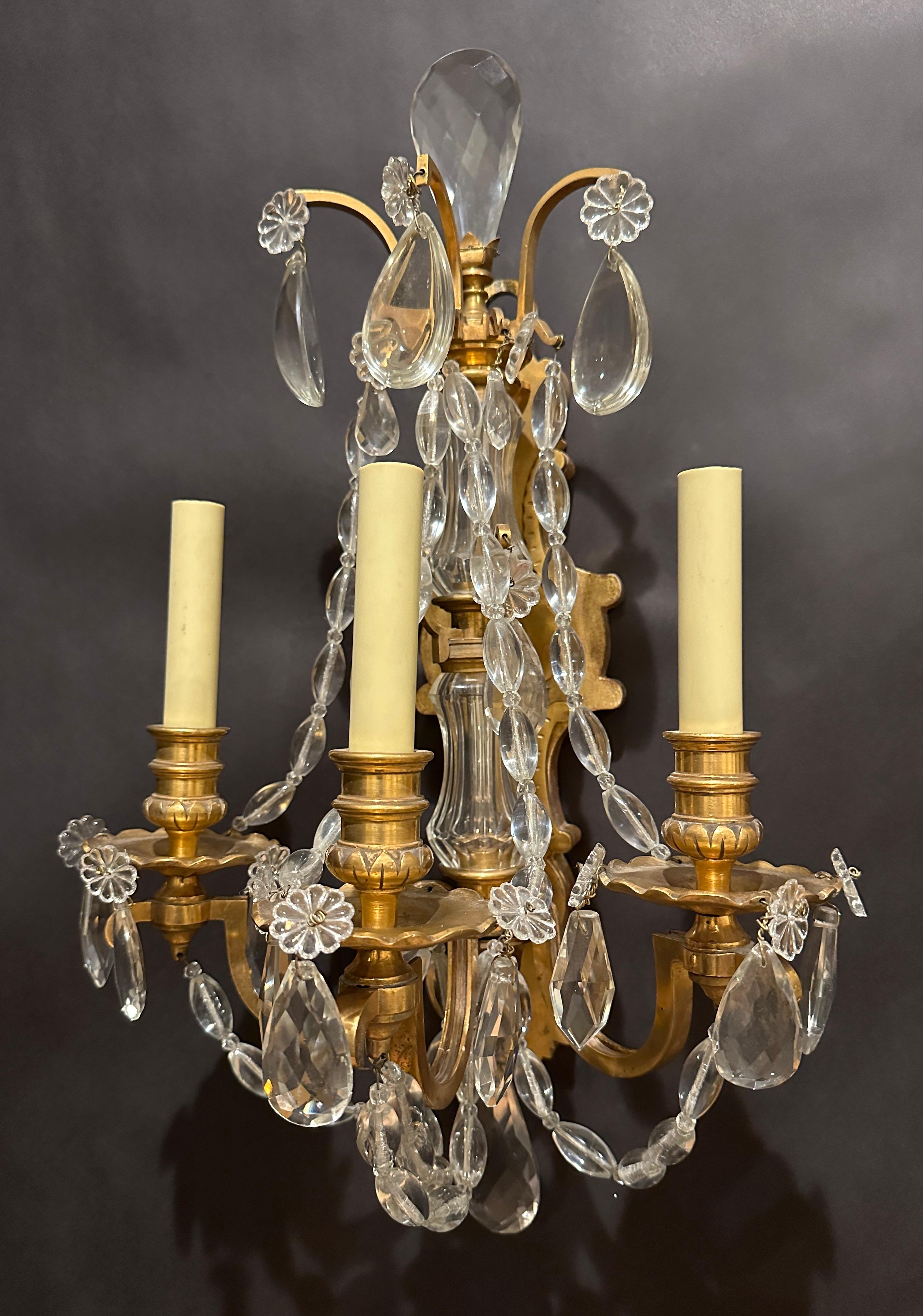 Pair Of Gilt Bronze And Crystal Sconces In Good Condition For Sale In Norwood, NJ