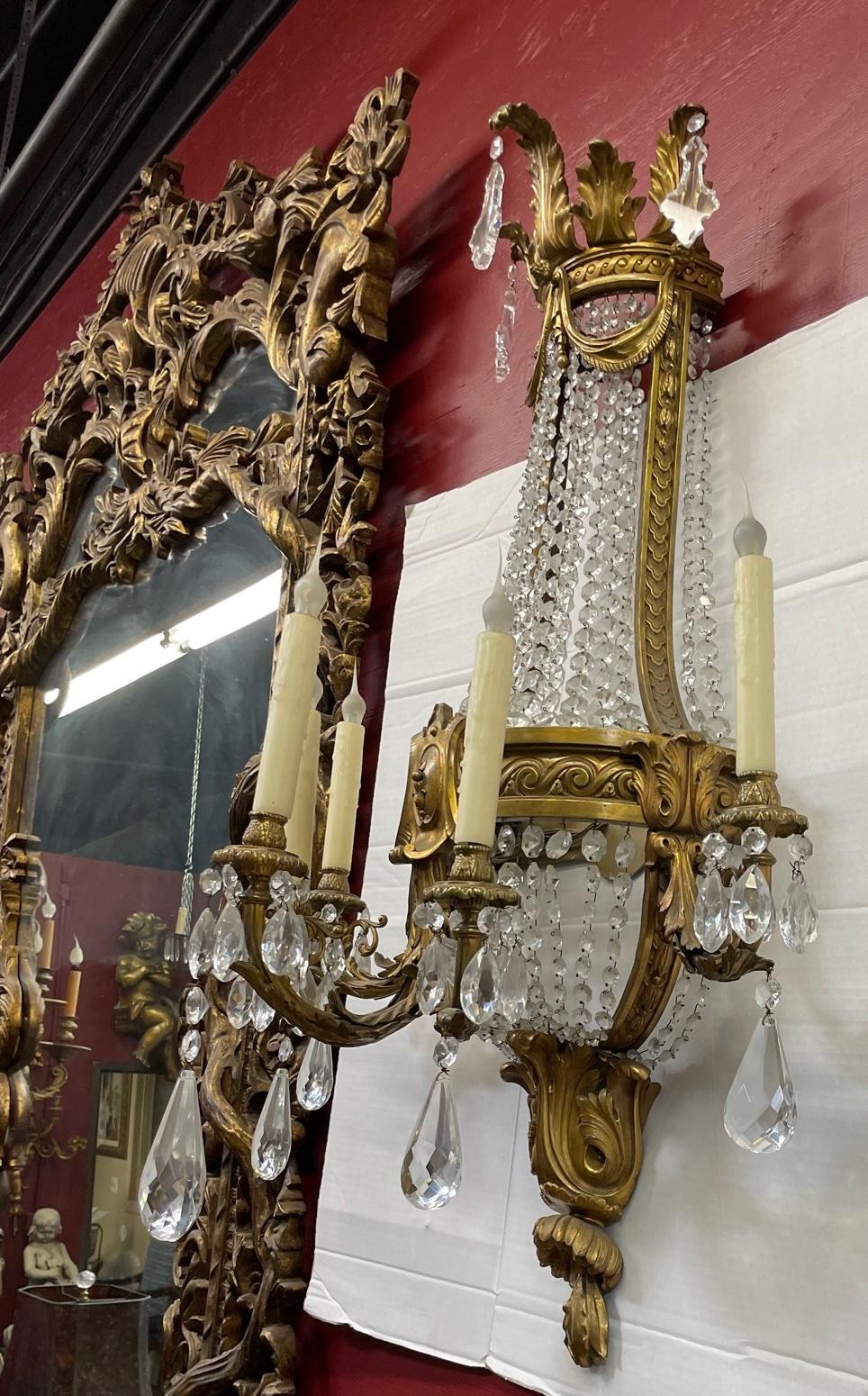 Pair of Gilt Bronze and Crystal Sconces, French 19th Century For Sale 7