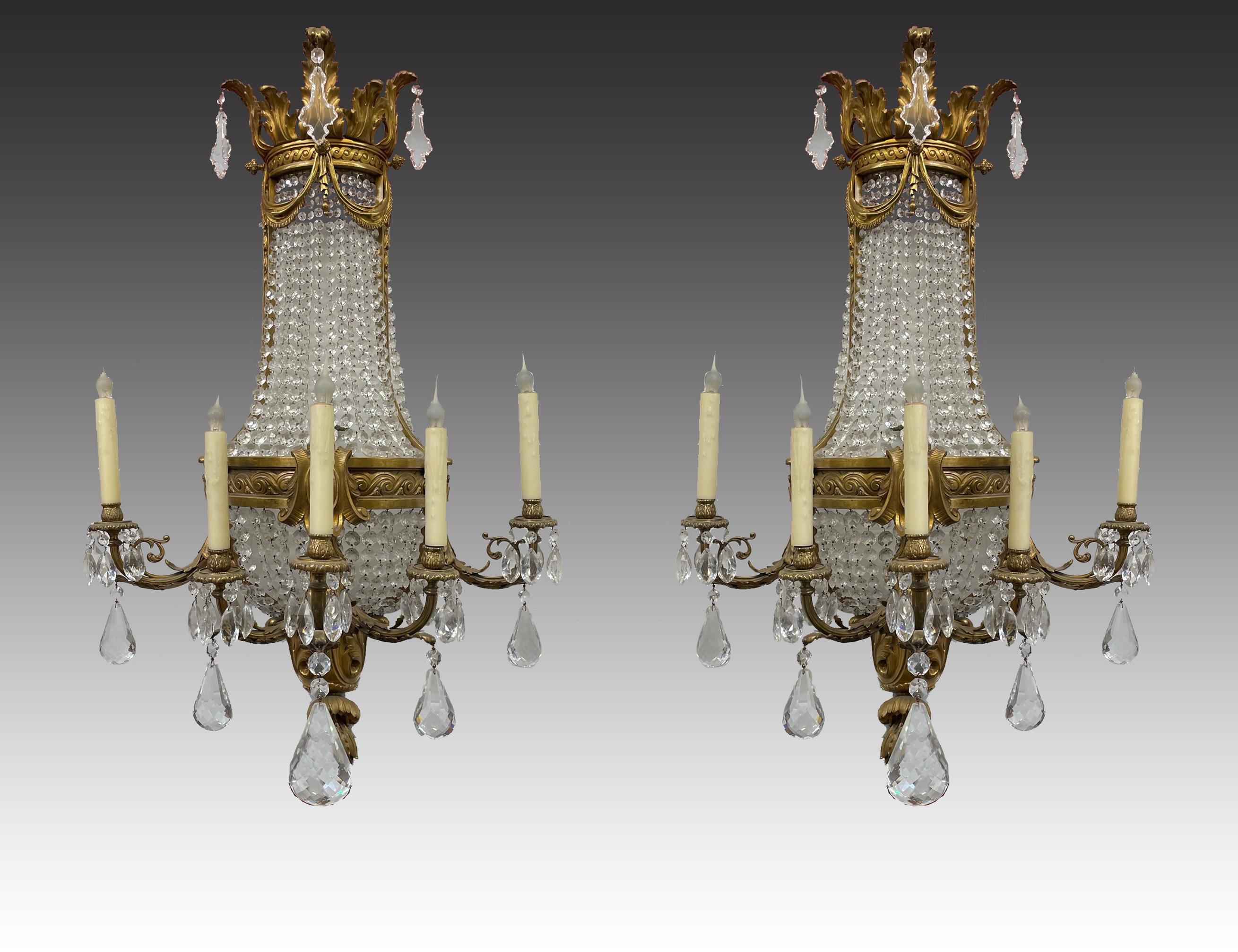 Louis XVI Pair of Gilt Bronze and Crystal Sconces, French 19th Century For Sale