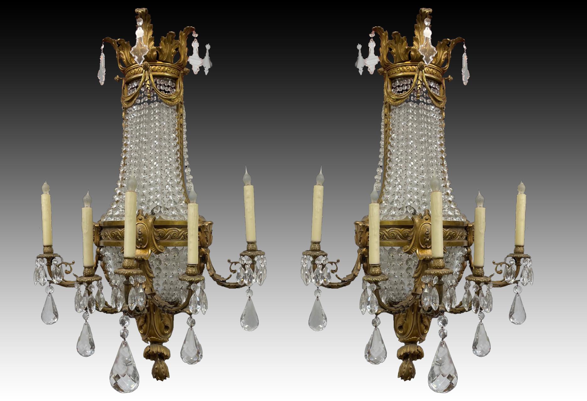 Cast Pair of Gilt Bronze and Crystal Sconces, French 19th Century For Sale