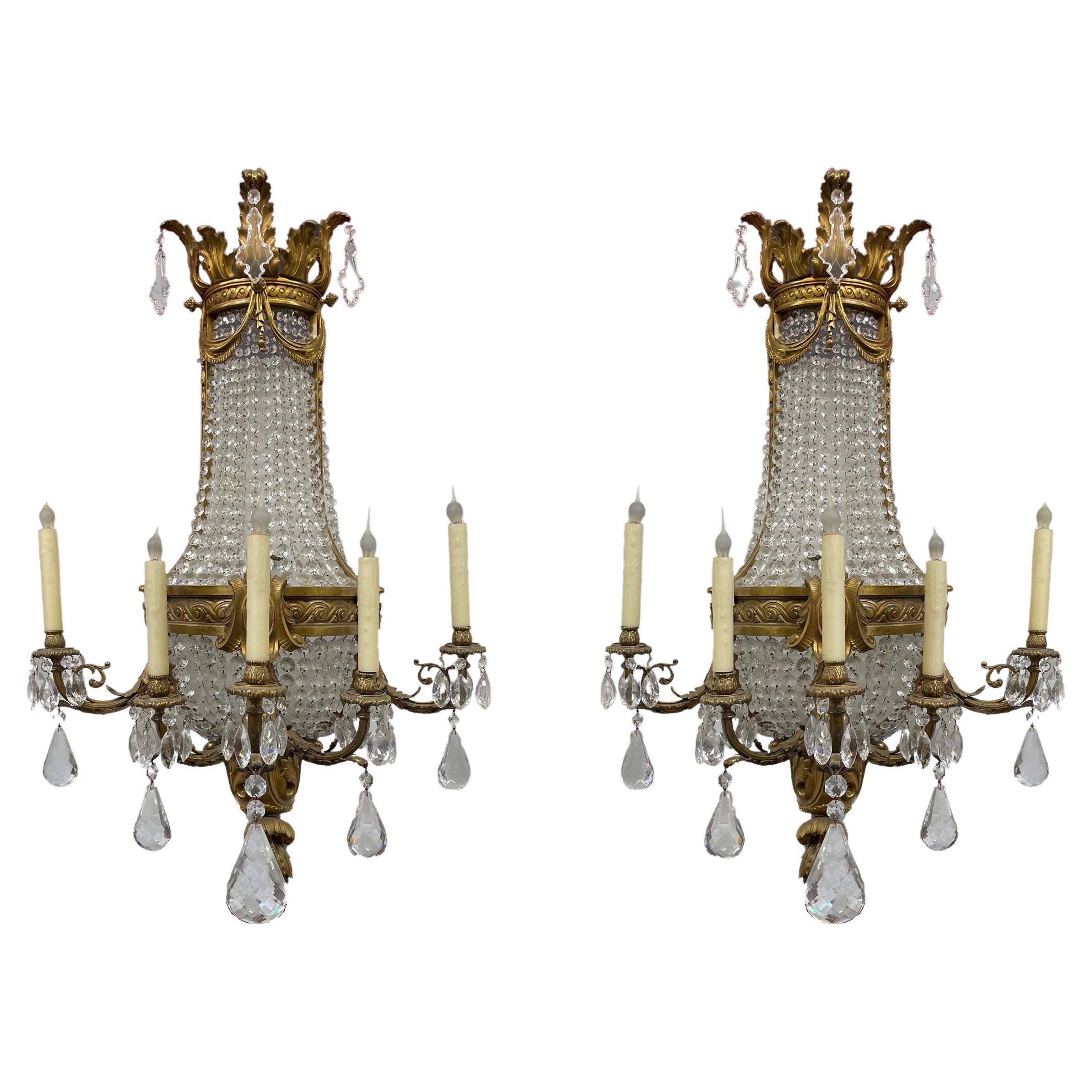 Pair of Gilt Bronze and Crystal Sconces, French 19th Century