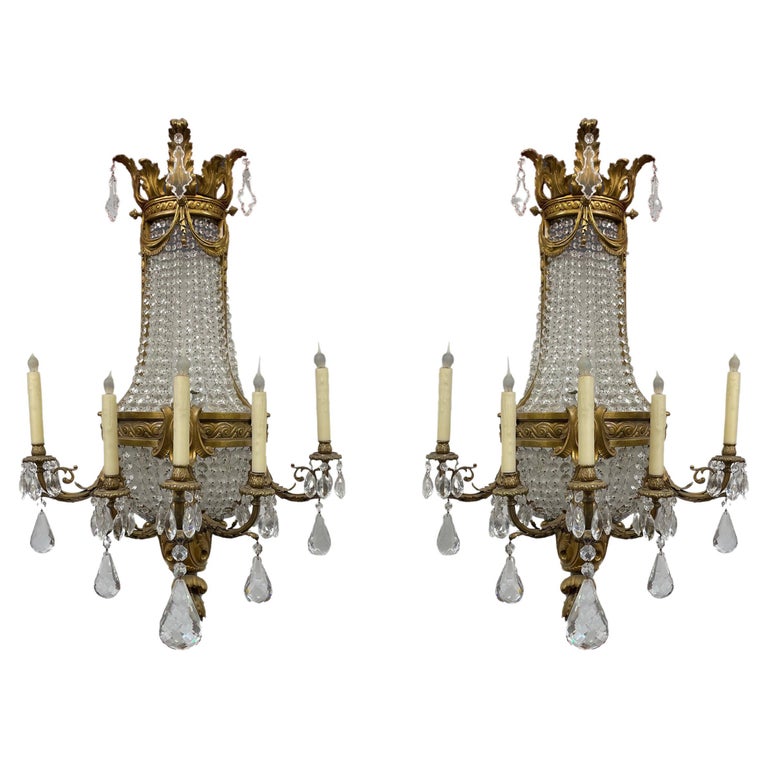 Pair of Gilt Bronze and Crystal Sconces, French 19th Century For Sale