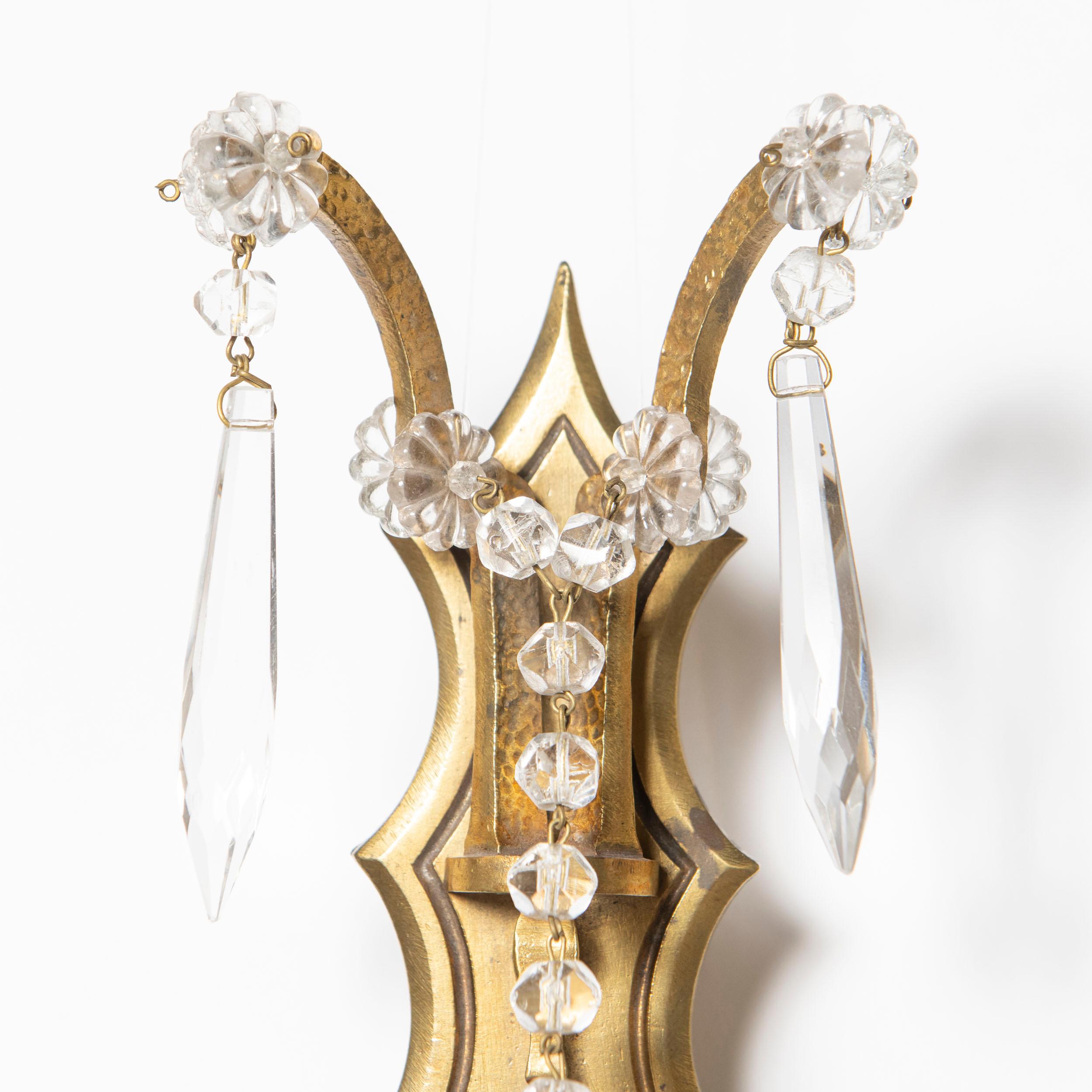 Art Deco Pair of Gilt Bronze and Crystal Sconces Signed Sabino France, circa 1940 For Sale