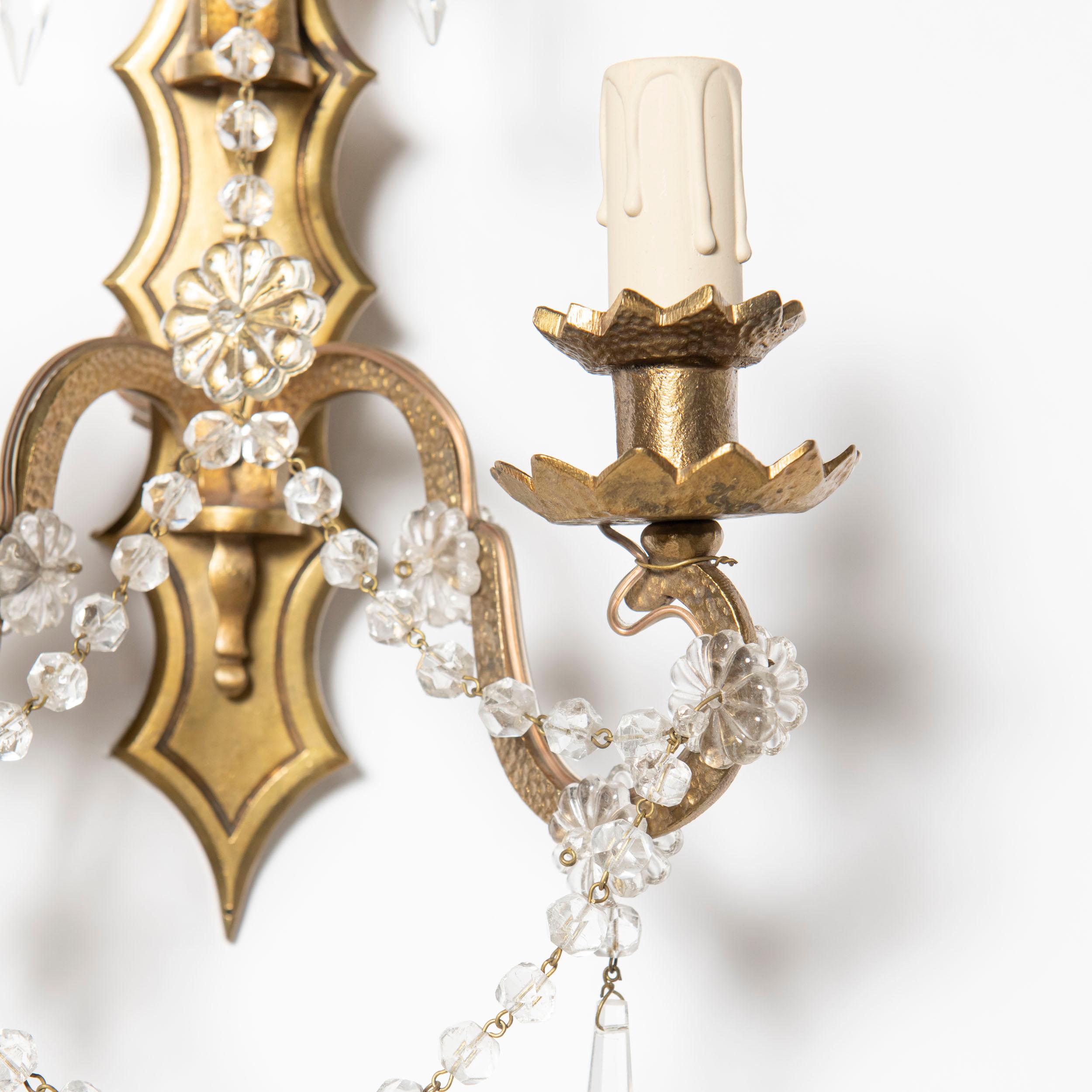 French Pair of Gilt Bronze and Crystal Sconces Signed Sabino France, circa 1940 For Sale