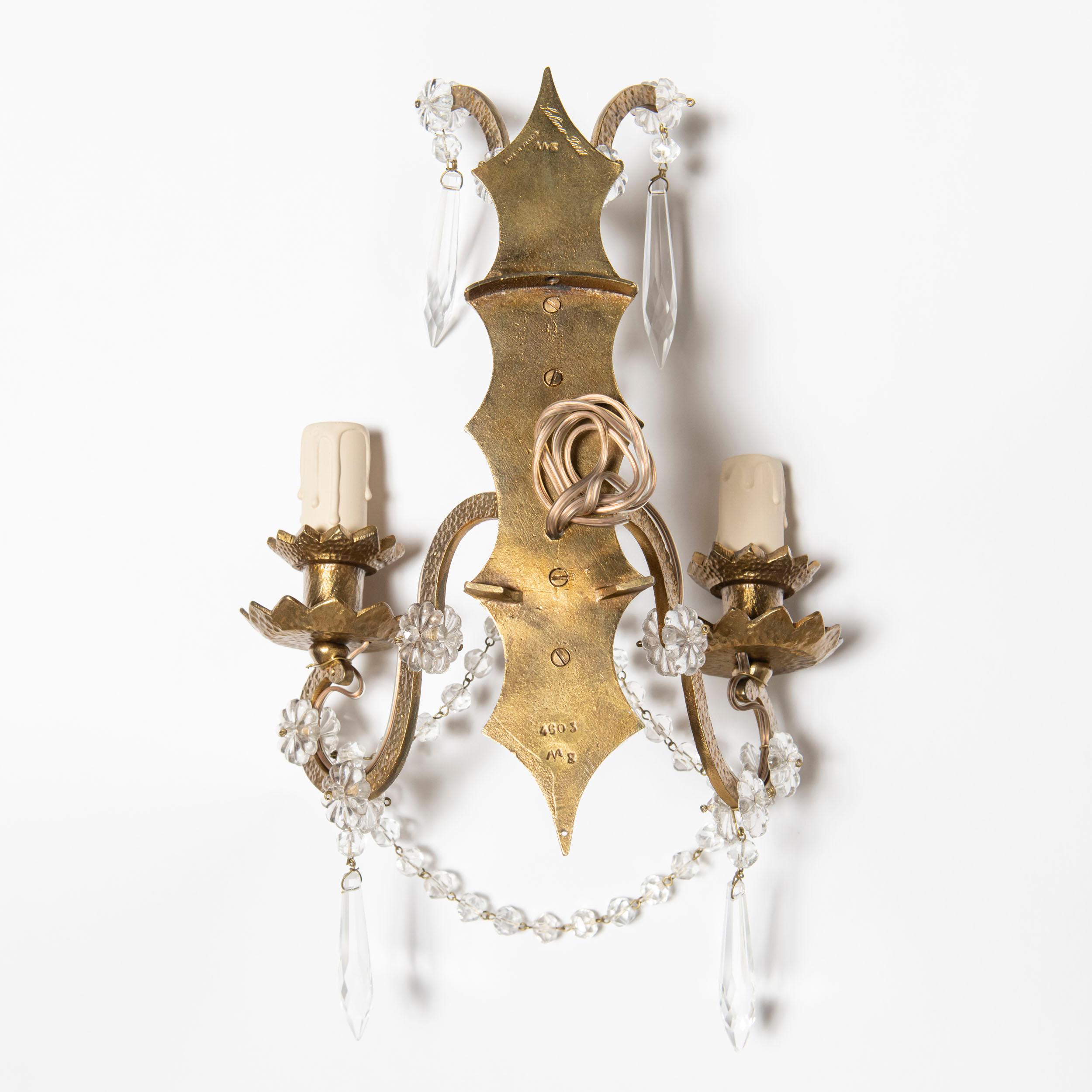 Mid-20th Century Pair of Gilt Bronze and Crystal Sconces Signed Sabino France, circa 1940 For Sale