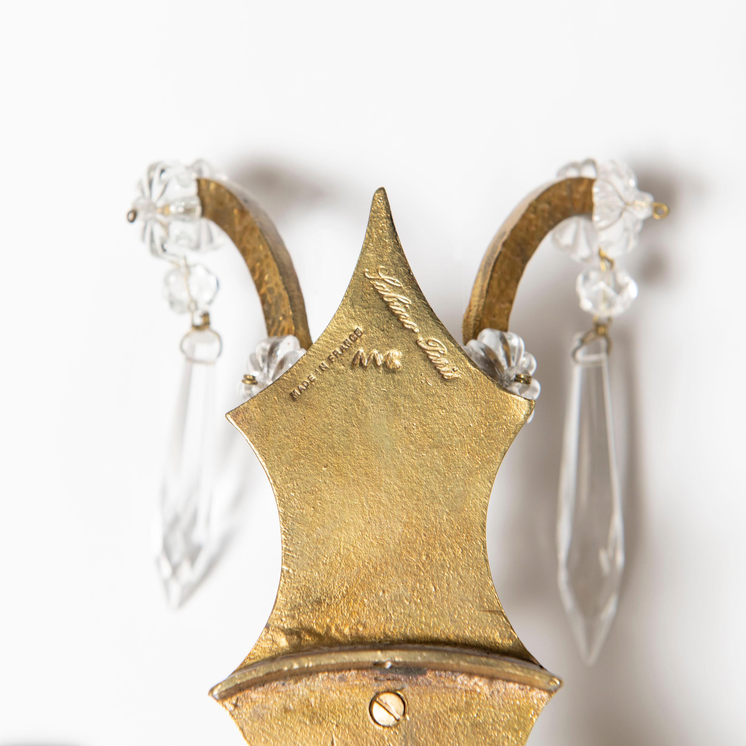 Pair of Gilt Bronze and Crystal Sconces Signed Sabino France, circa 1940 For Sale 1