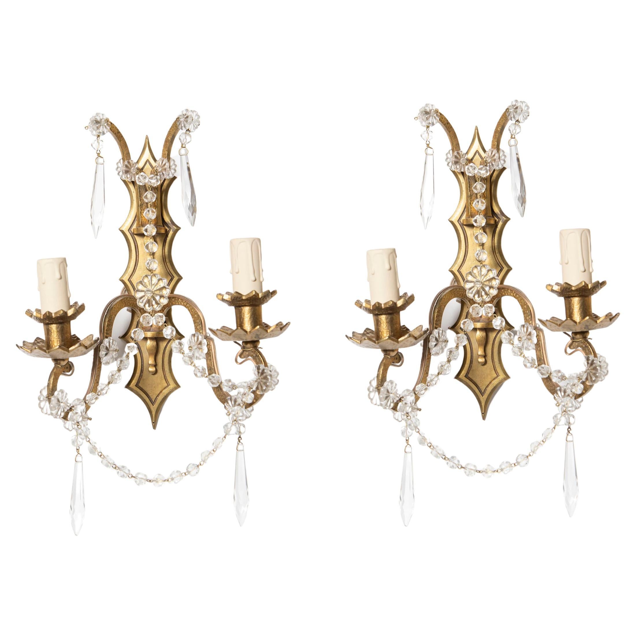 Pair of Gilt Bronze and Crystal Sconces Signed Sabino France, circa 1940 For Sale