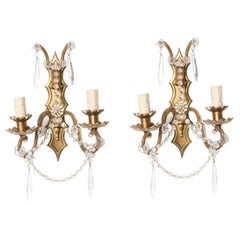 Pair of Gilt Bronze and Crystal Sconces Signed Sabino France, circa 1940