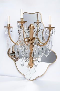 Pareja de candelabros de bronce y cristal con espejo, Francia, principios del siglo XX