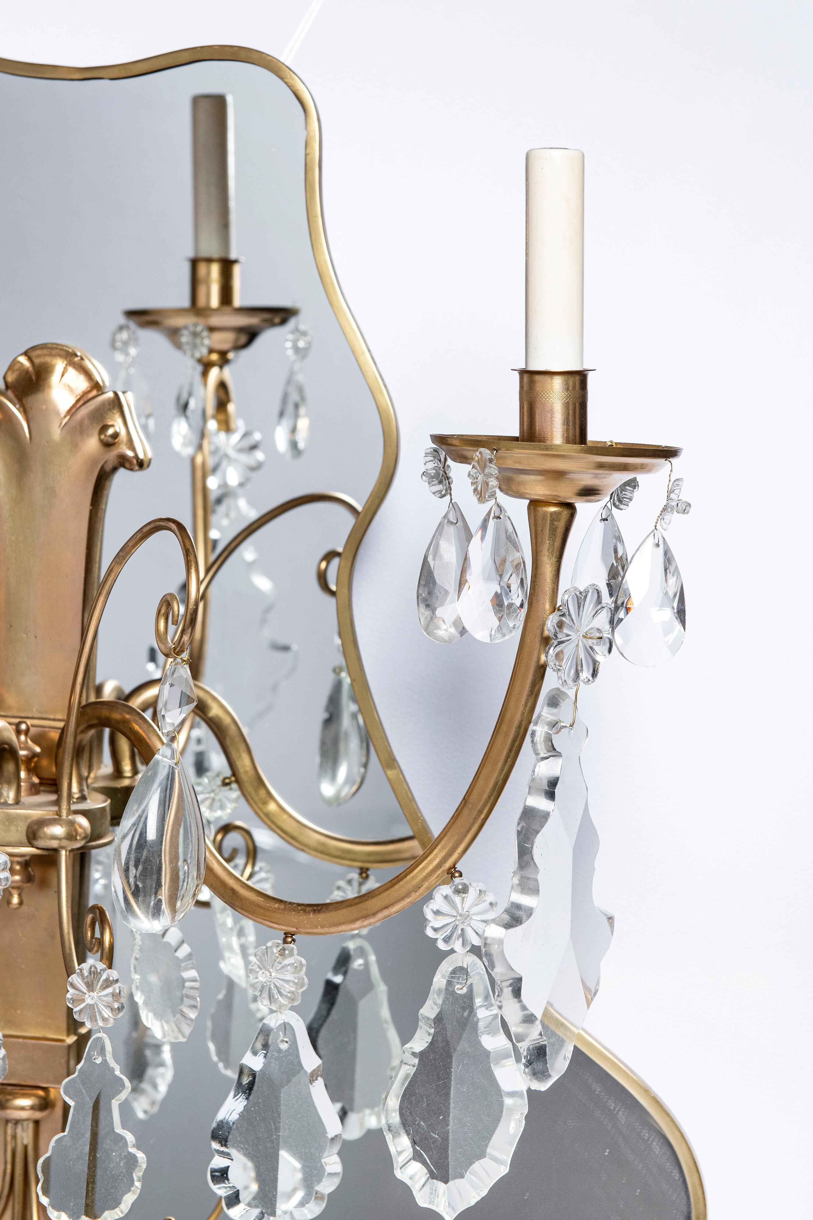 Neoclassical Pair of Bronze and Crystal Sconces with Mirror, France, Early 20th Century For Sale