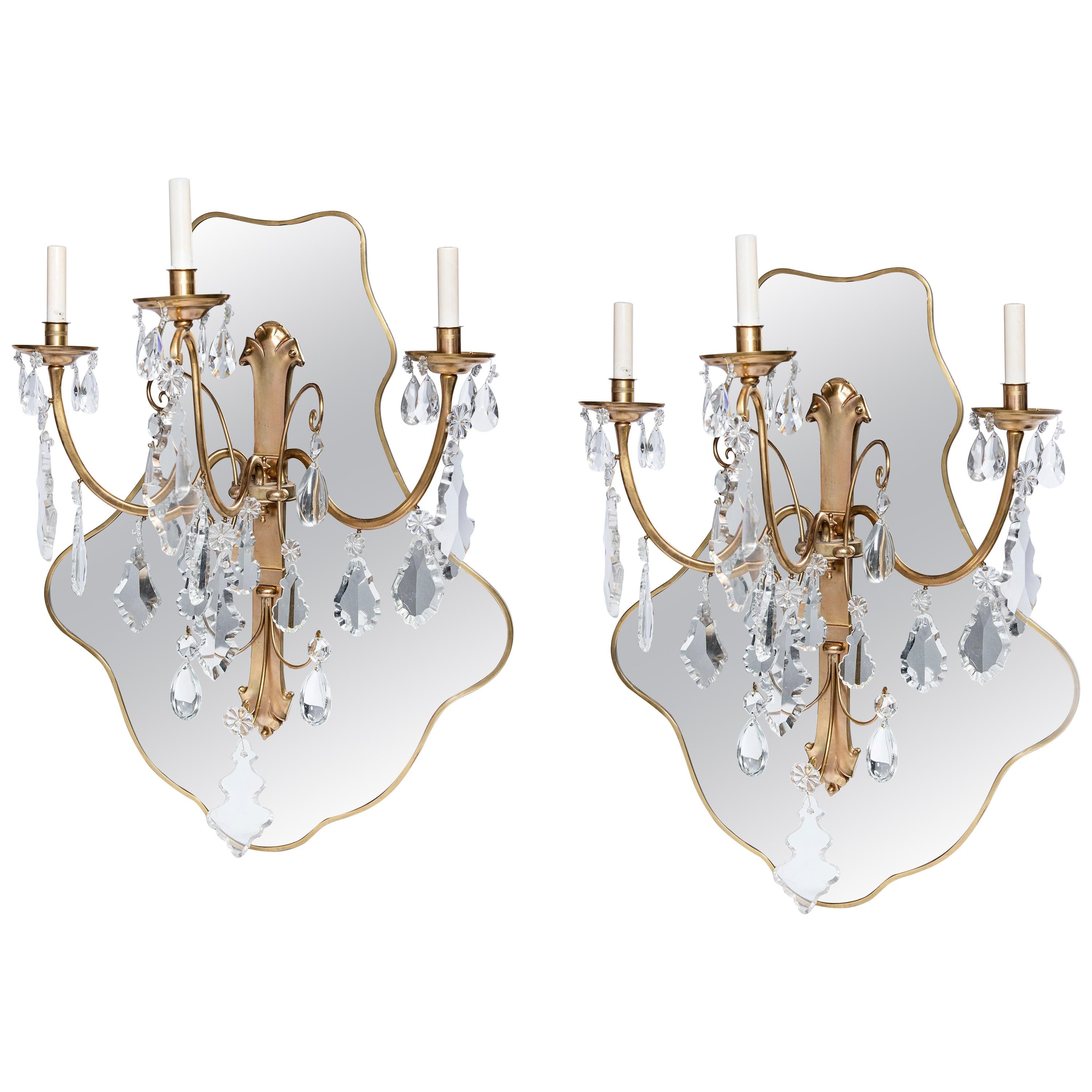 Pair of Bronze and Crystal Sconces with Mirror, France, Early 20th Century