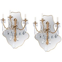 Pair of Bronze and Crystal Sconces with Mirror, France, Early 20th Century