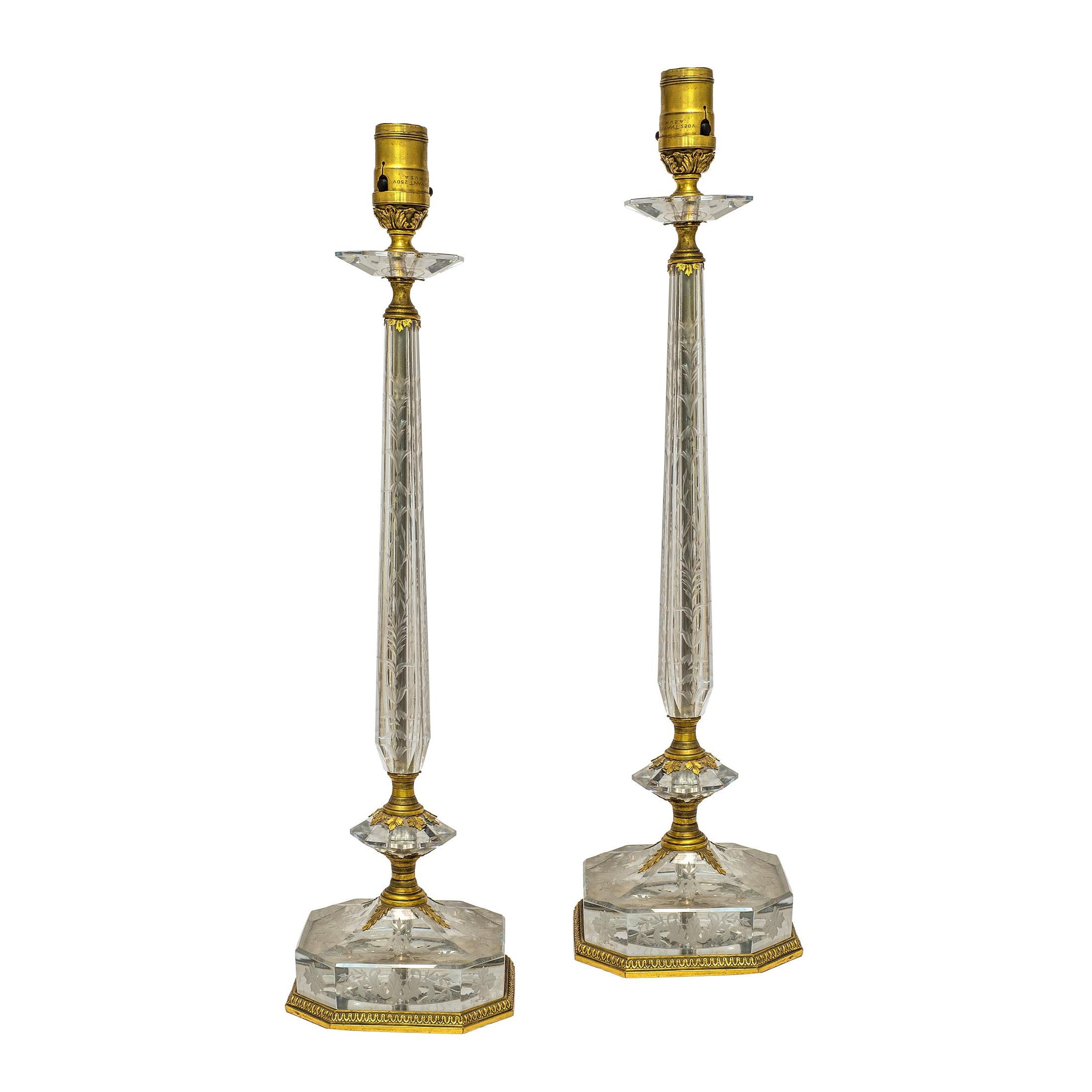 Pair of Gilt Bronze and Crystal Table Lamps attributed to E. F. Caldwell