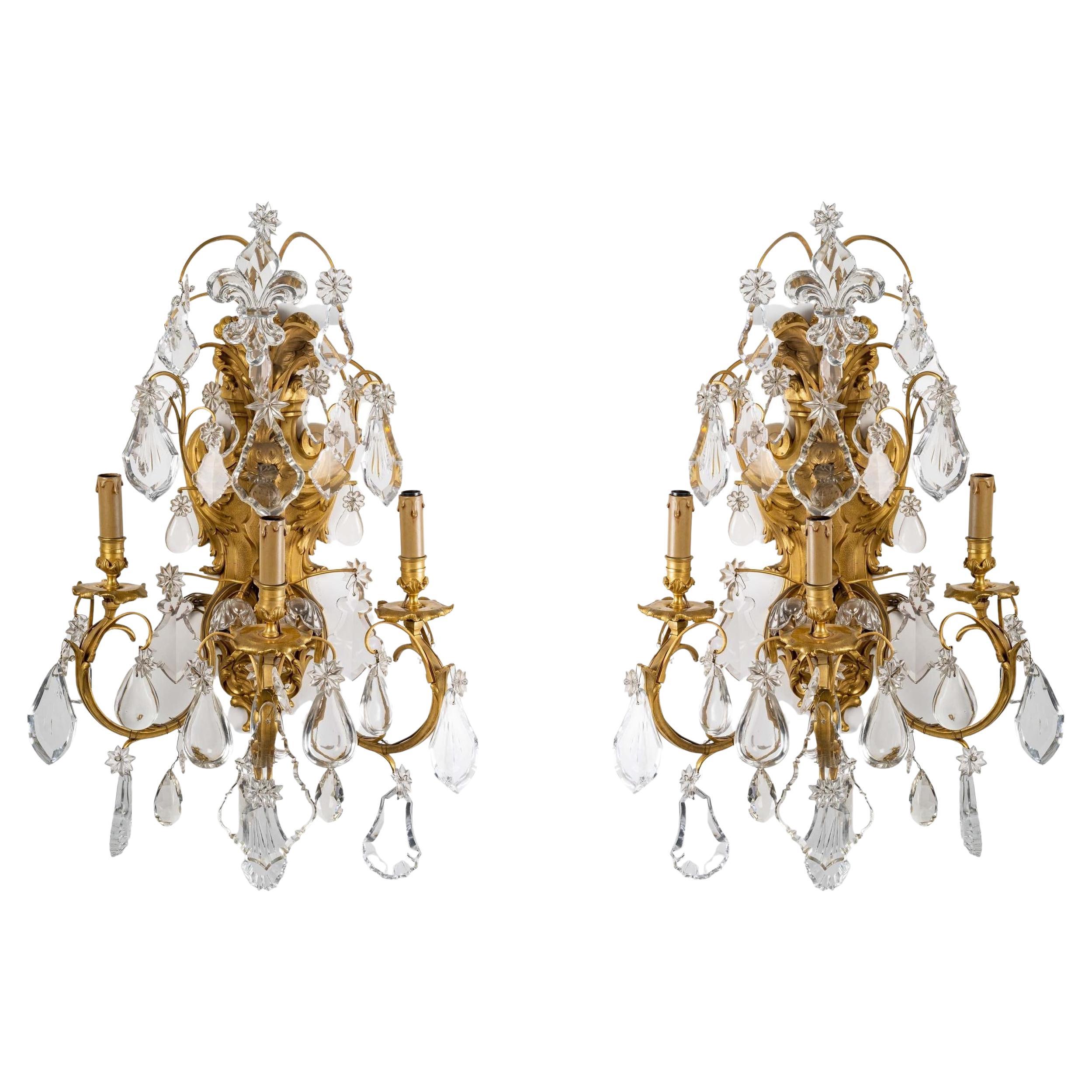 Pair of French Gilt Bronze and Crystal Wall Lights at 1stDibs