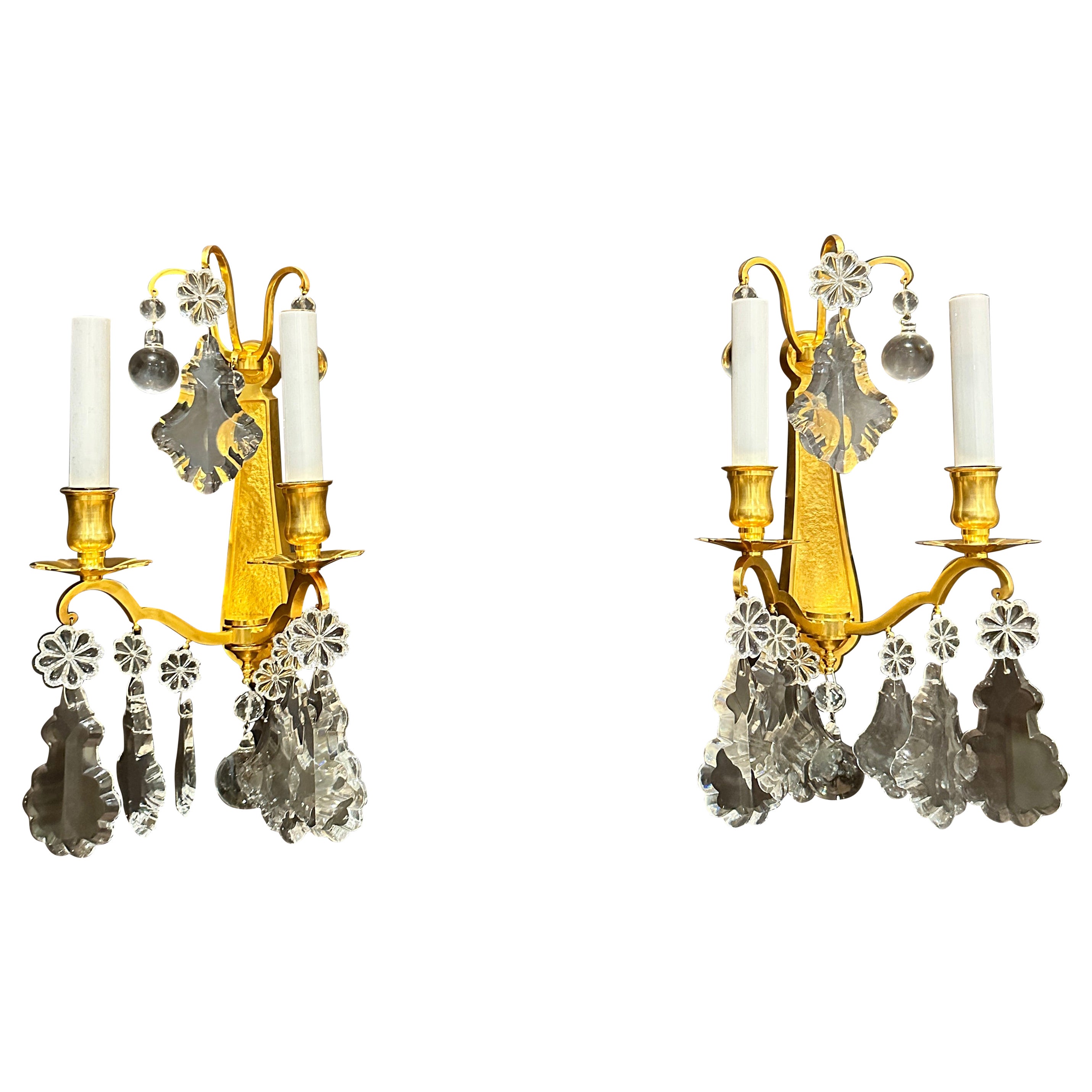 Pair Of Gilt Bronze And Crystal Wall Sconces For Sale