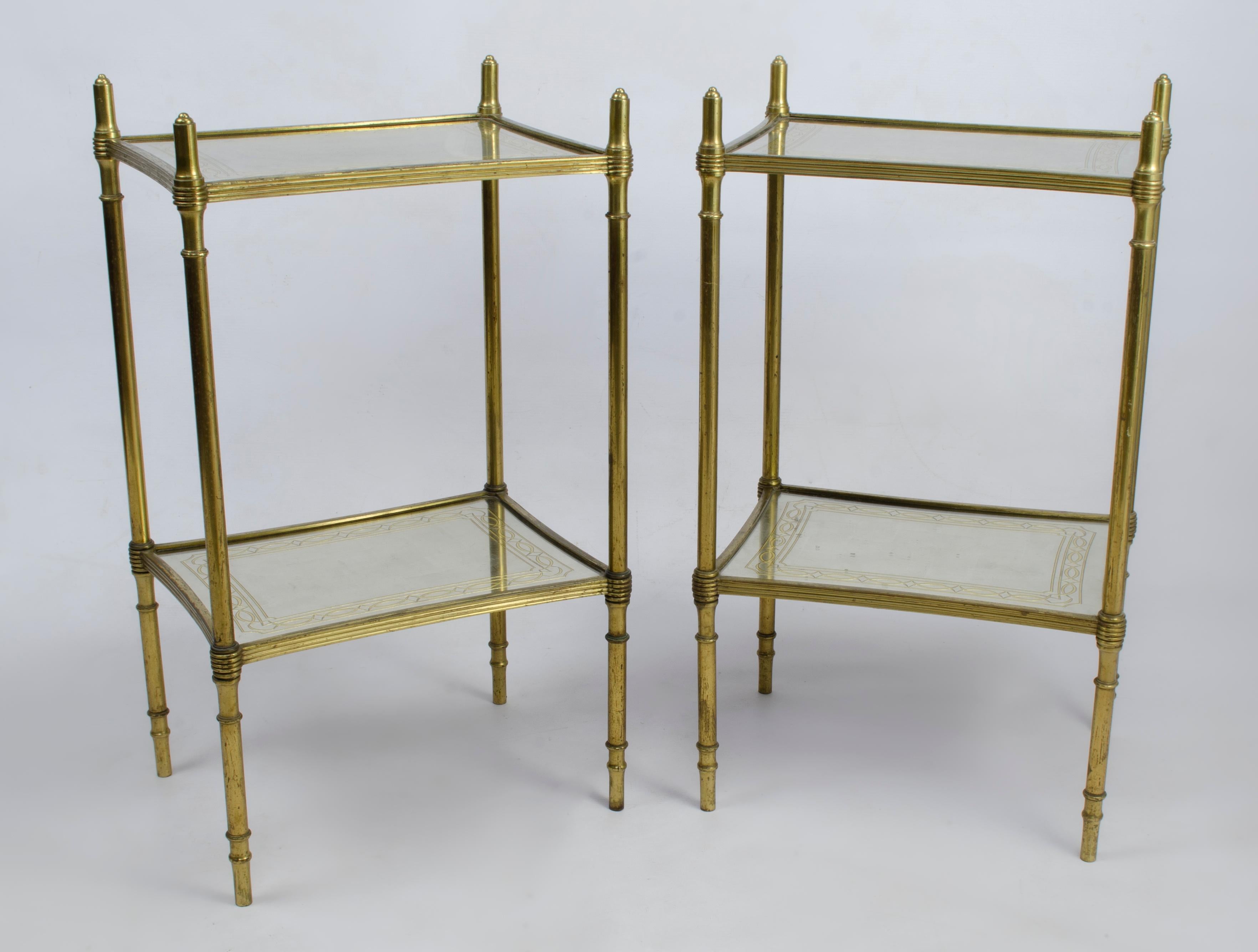 A Pair of very fine gilt-bronze and silver and gold leaf Églomisé Two Tiers Side Tables. Probably Maison Jansen. Circa 1940.