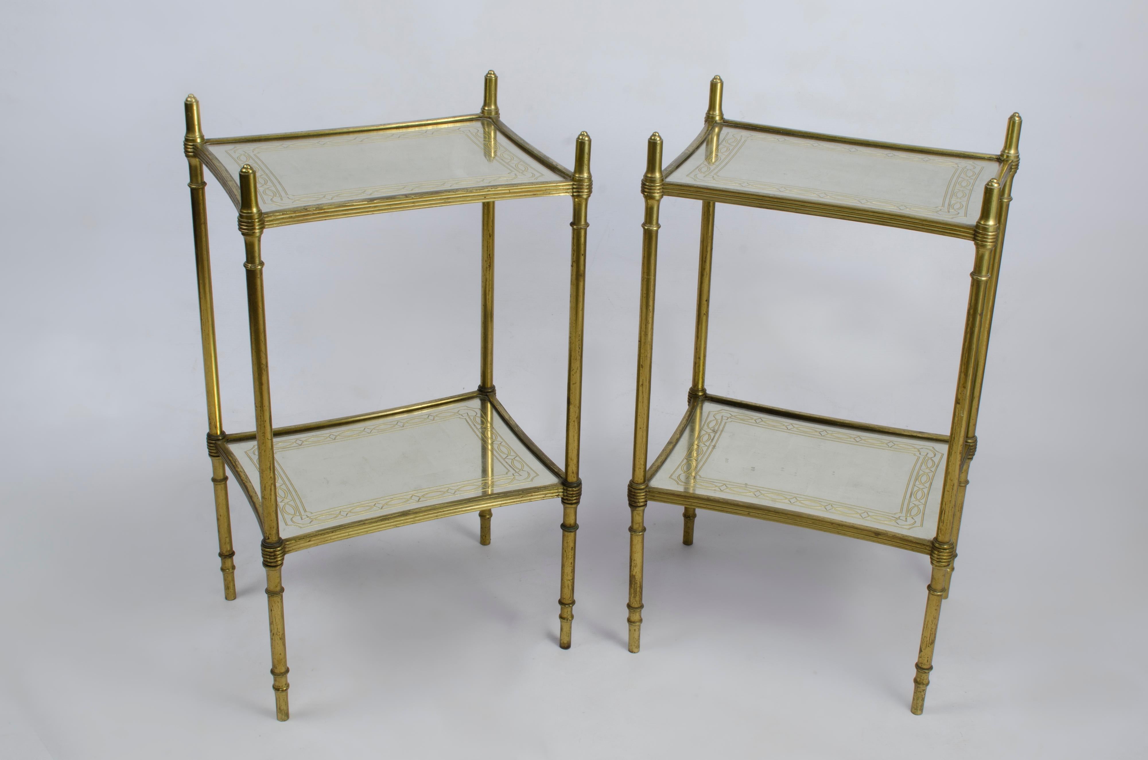 Mid-Century Modern Pair of Gilt-Bronze and Églomisé Two Tiers Side Tables, Probably Maison Jansen For Sale