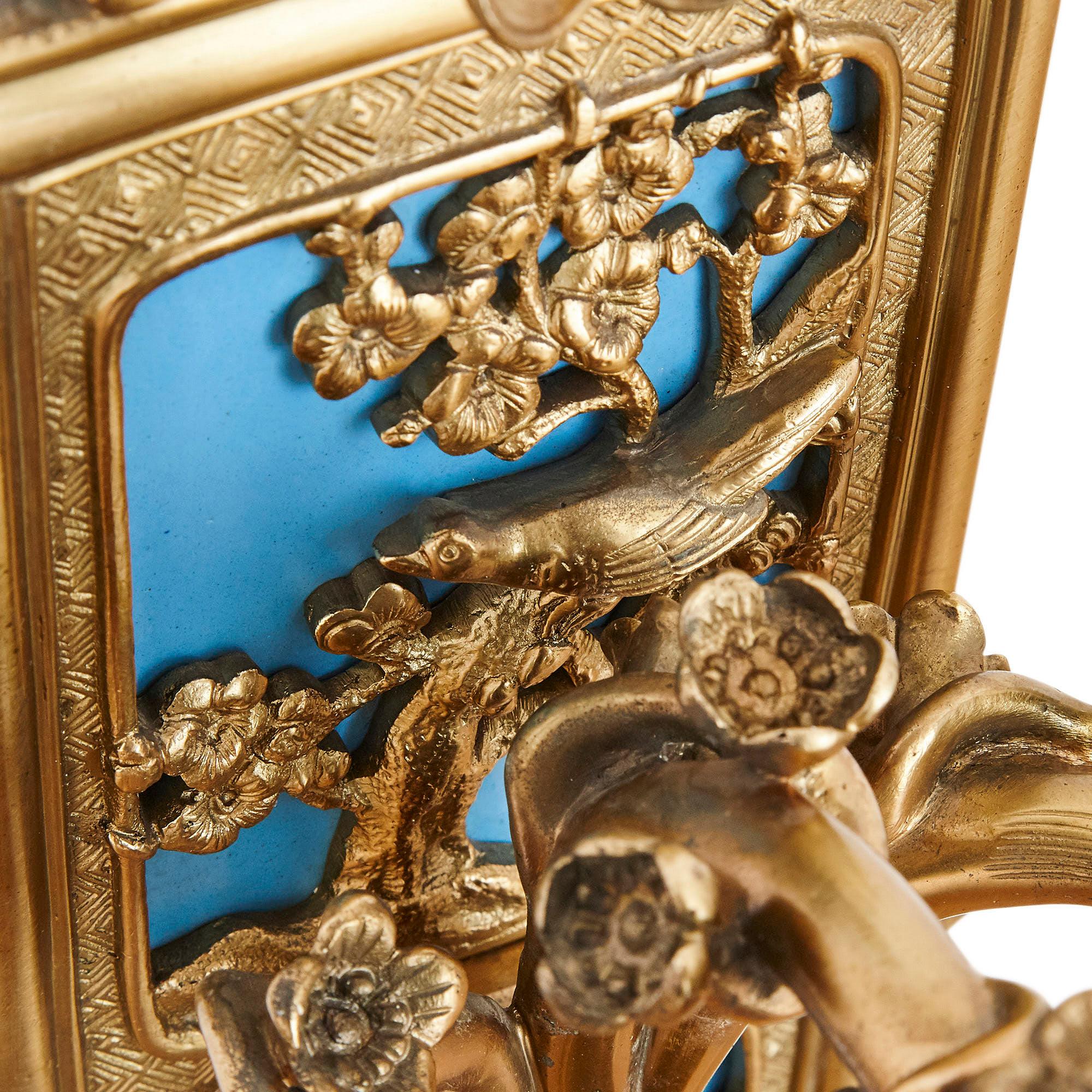 Pair of Gilt Bronze and Enamel Sconces in the Japonisme Style For Sale 4
