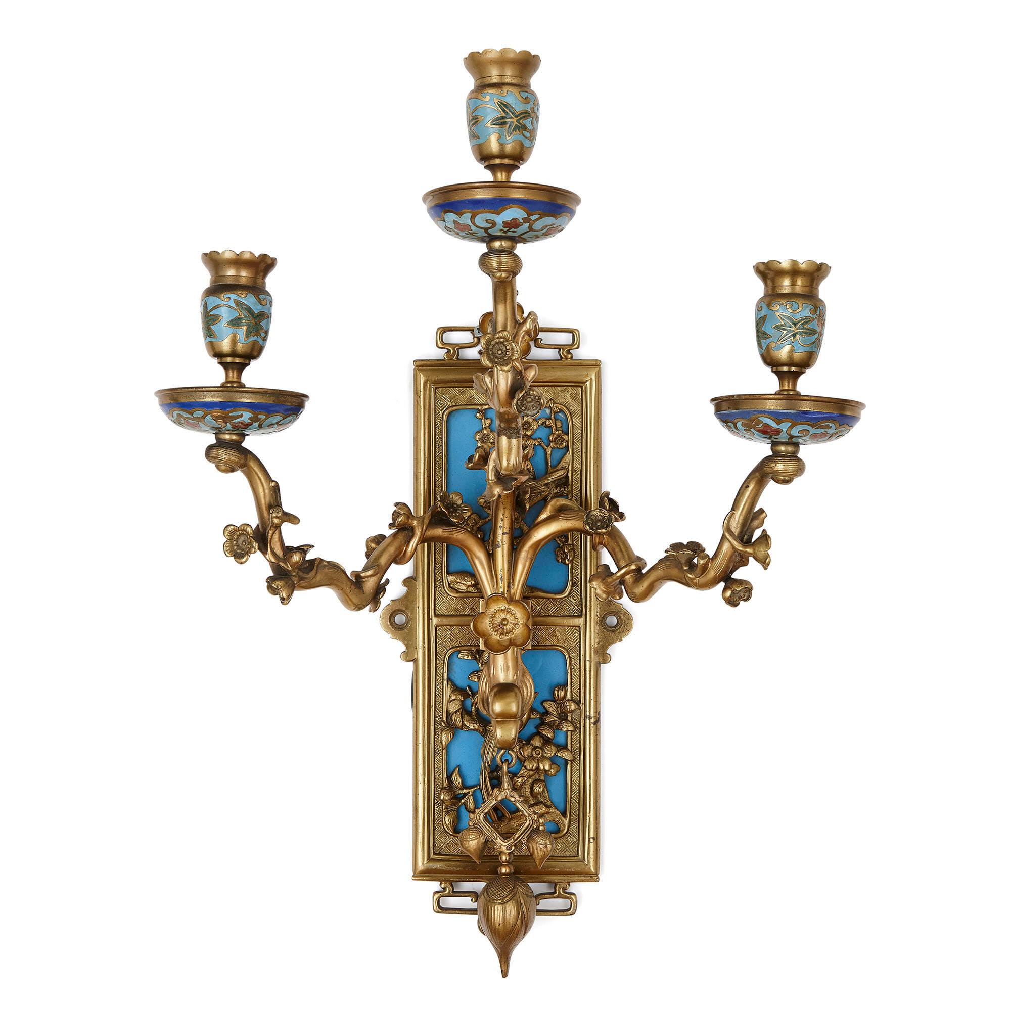 French Pair of Gilt Bronze and Enamel Sconces in the Japonisme Style For Sale