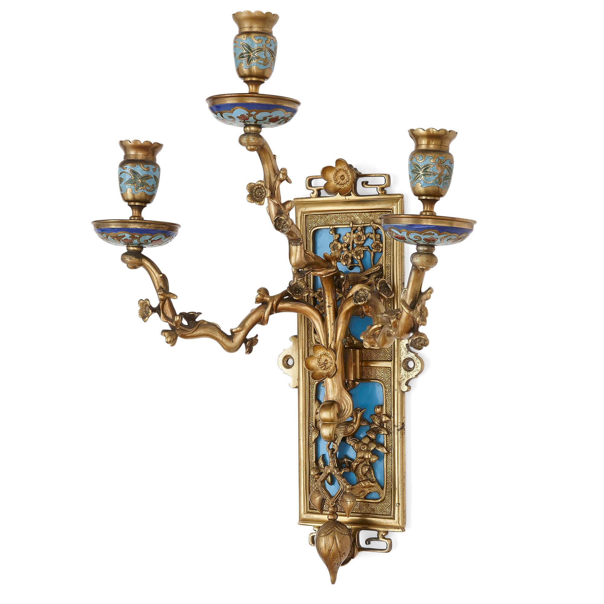 Champlevé Pair of Gilt Bronze and Enamel Sconces in the Japonisme Style For Sale
