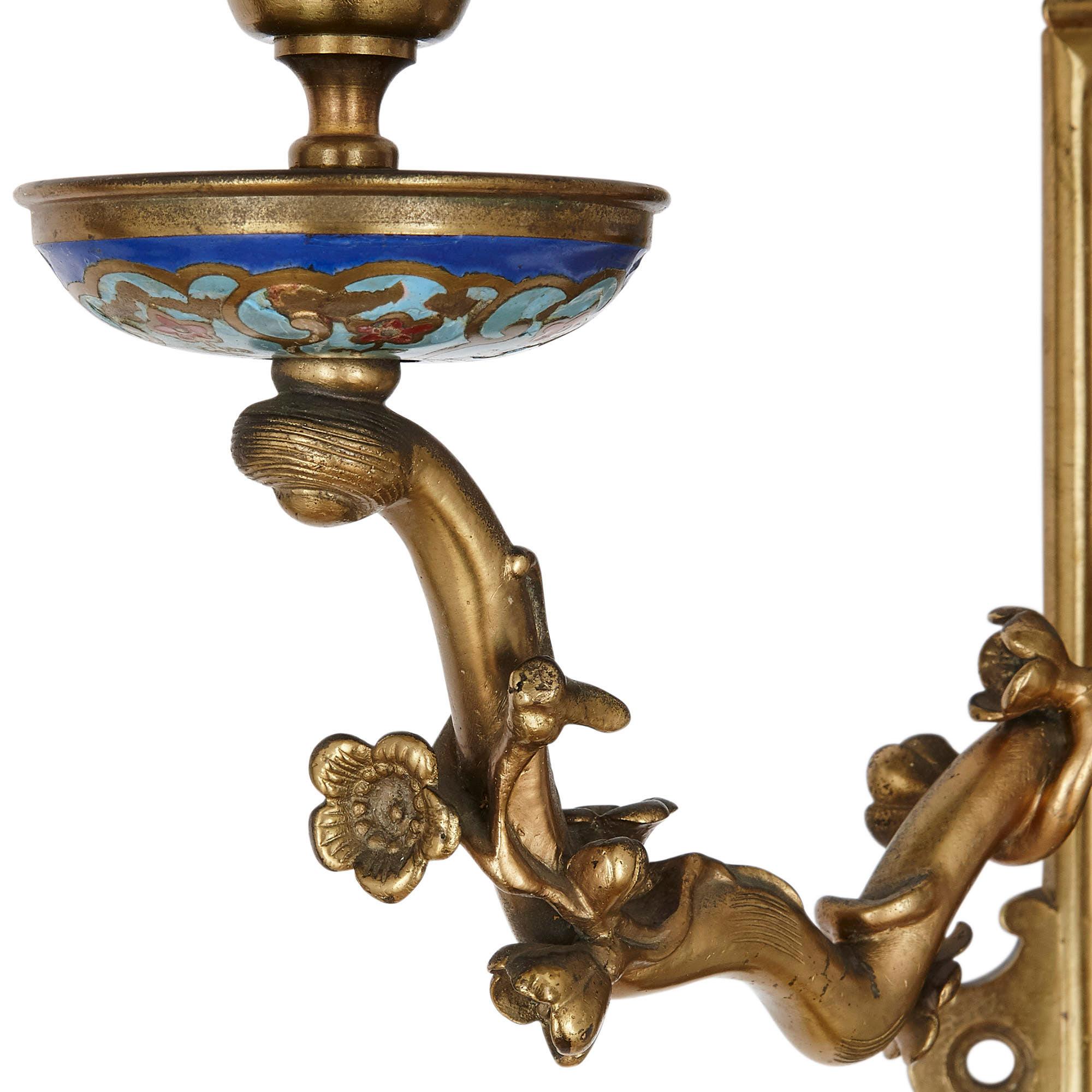 Pair of Gilt Bronze and Enamel Sconces in the Japonisme Style In Good Condition For Sale In London, GB
