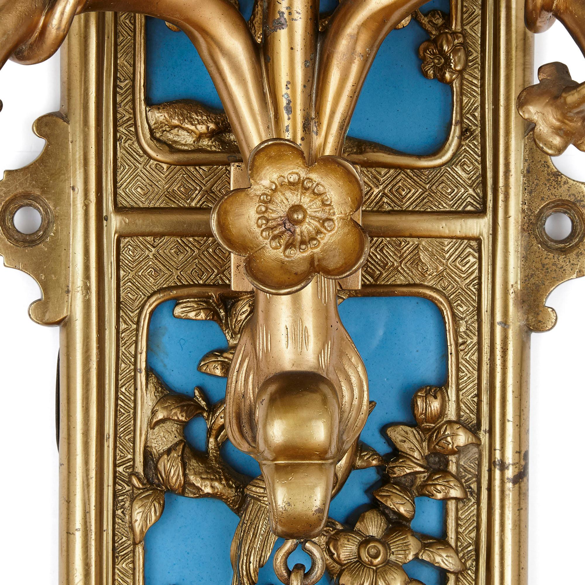 Pair of Gilt Bronze and Enamel Sconces in the Japonisme Style For Sale 1