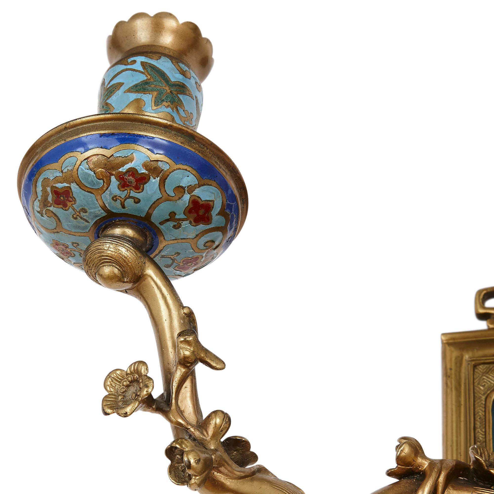 Pair of Gilt Bronze and Enamel Sconces in the Japonisme Style For Sale 2