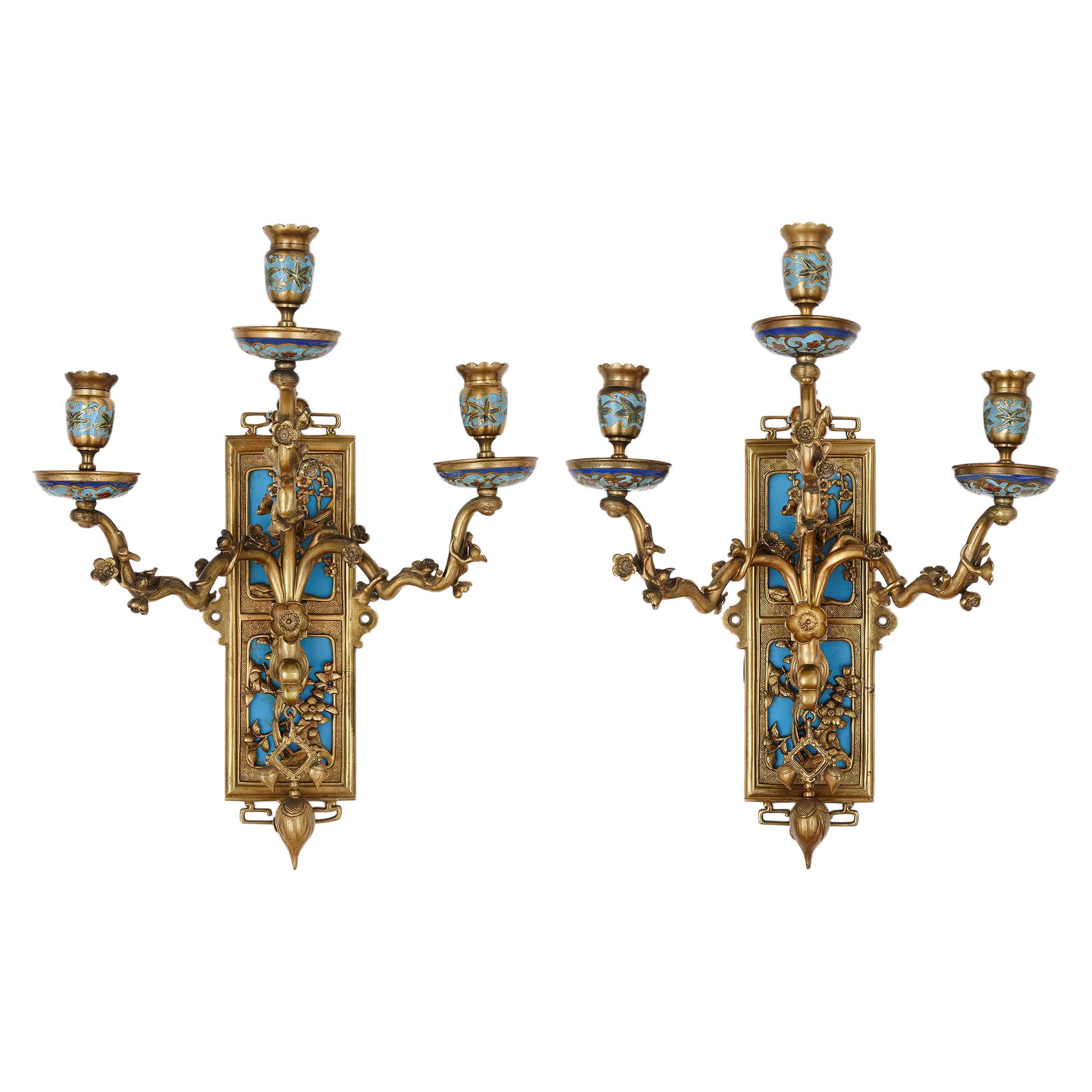 Pair of Gilt Bronze and Enamel Sconces in the Japonisme Style For Sale