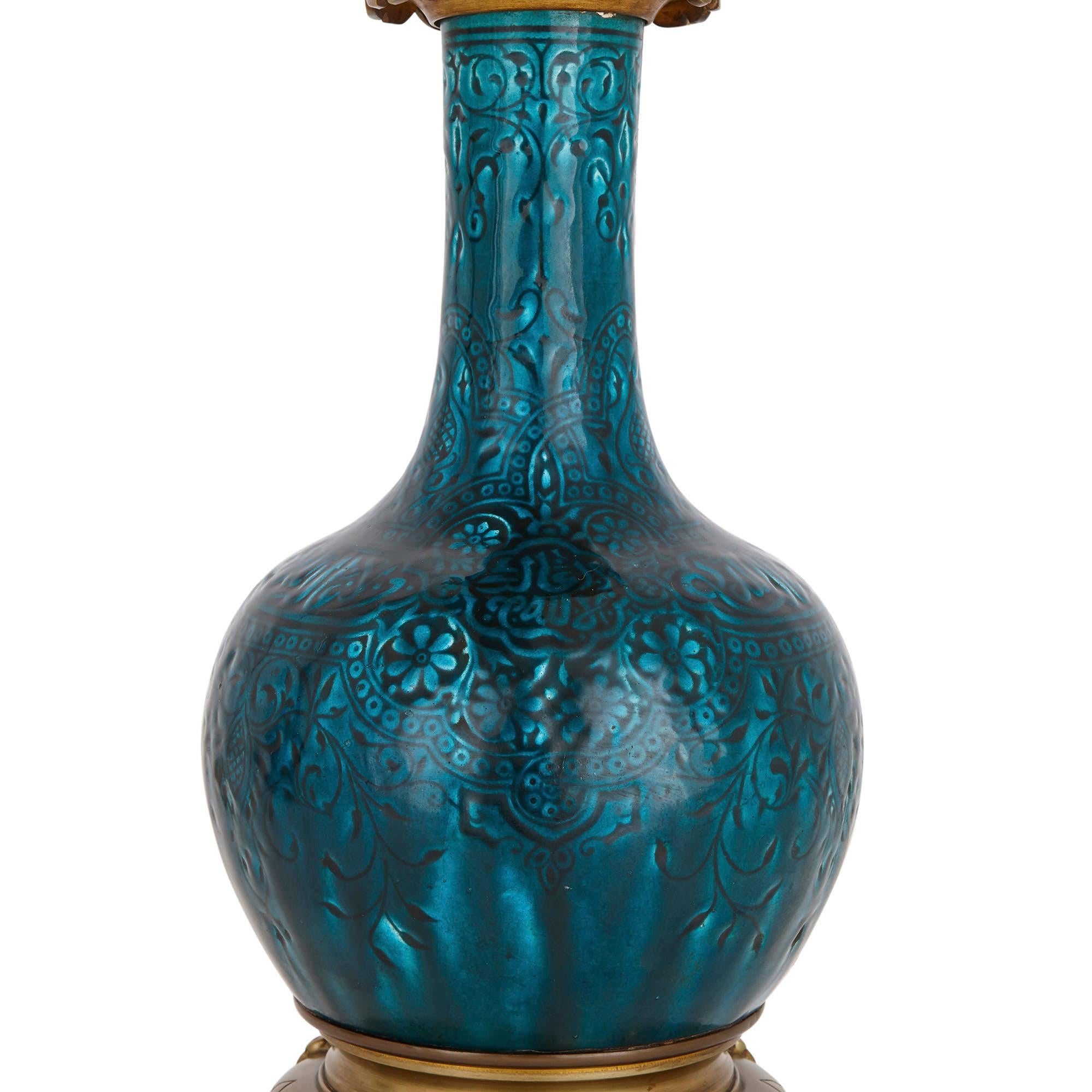 Islamic Pair of Gilt Bronze and Faience Lamps, Attributed to Théodore Deck For Sale