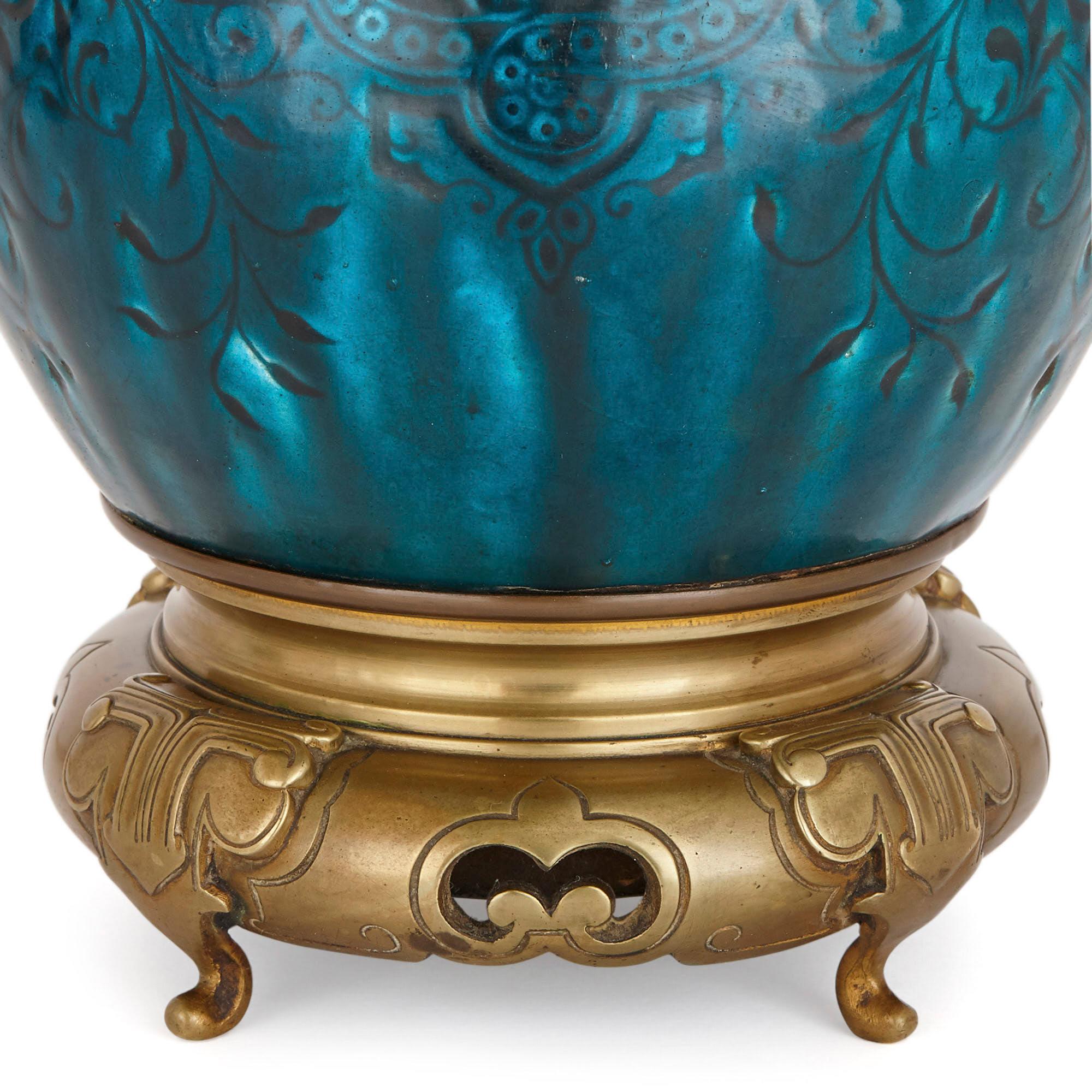 French Pair of Gilt Bronze and Faience Lamps, Attributed to Théodore Deck For Sale