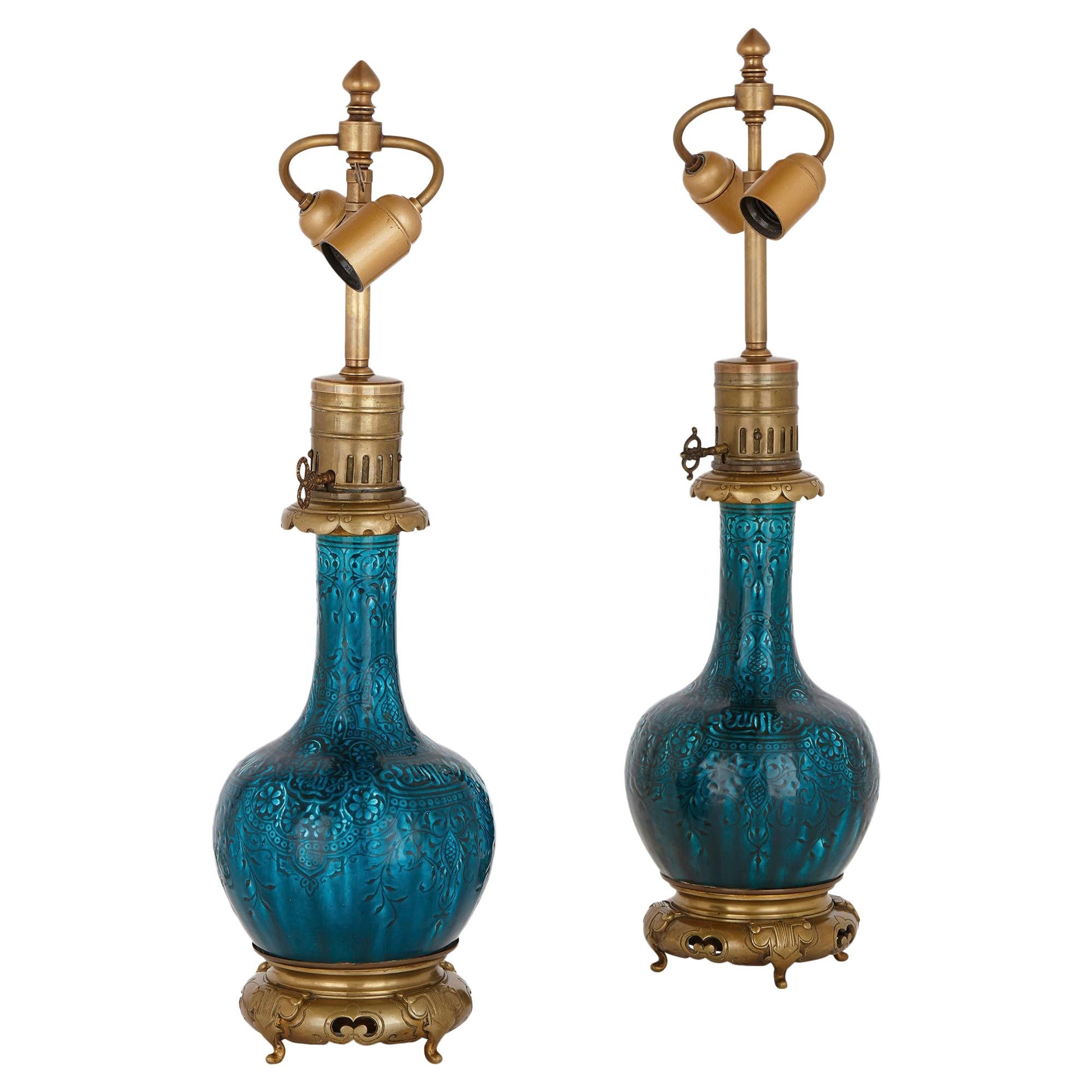 Pair of Gilt Bronze and Faience Lamps, Attributed to Théodore Deck