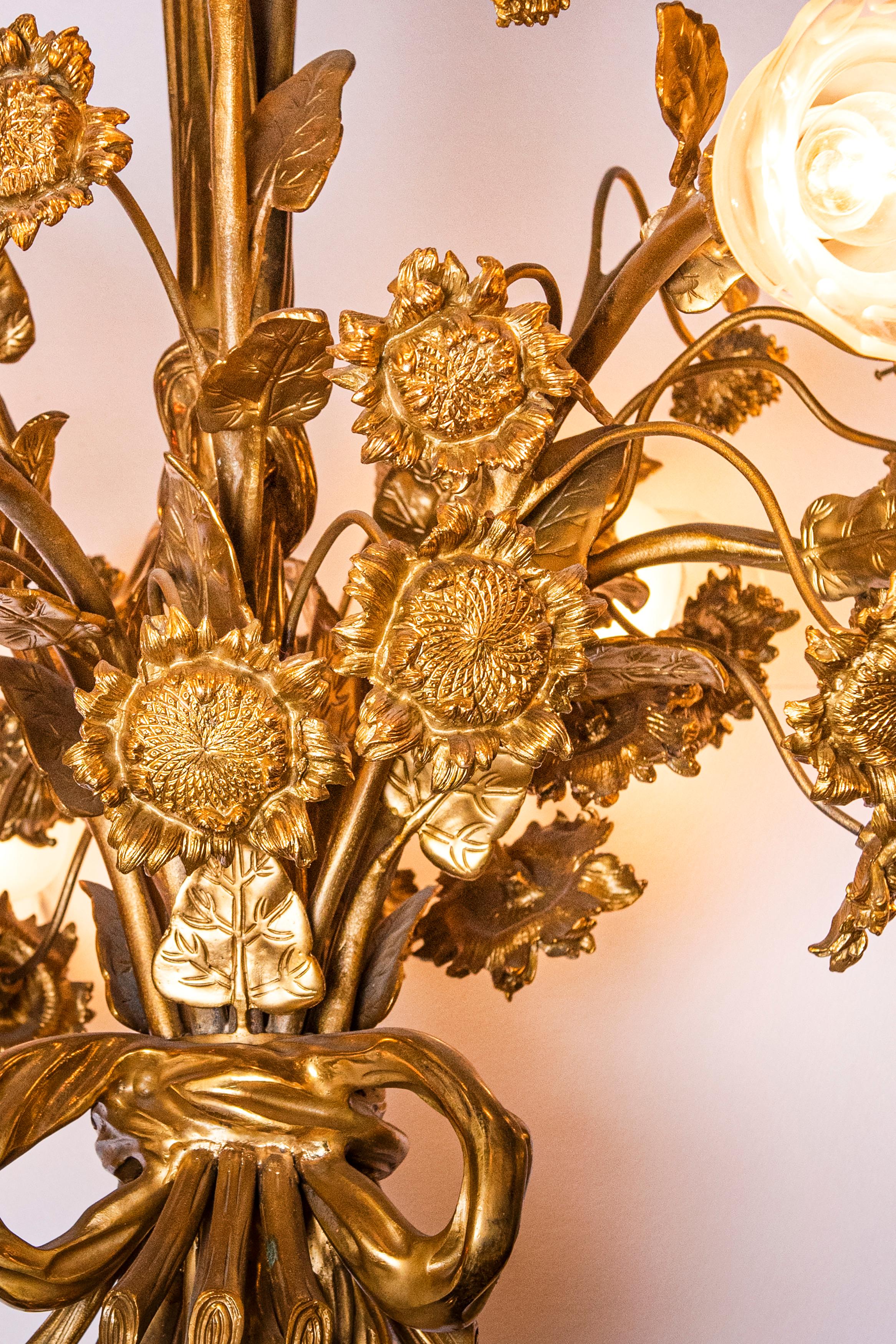 Art Nouveau Pair of Gilt Bronze and Glass Chandeliers, France, circa 1890 For Sale