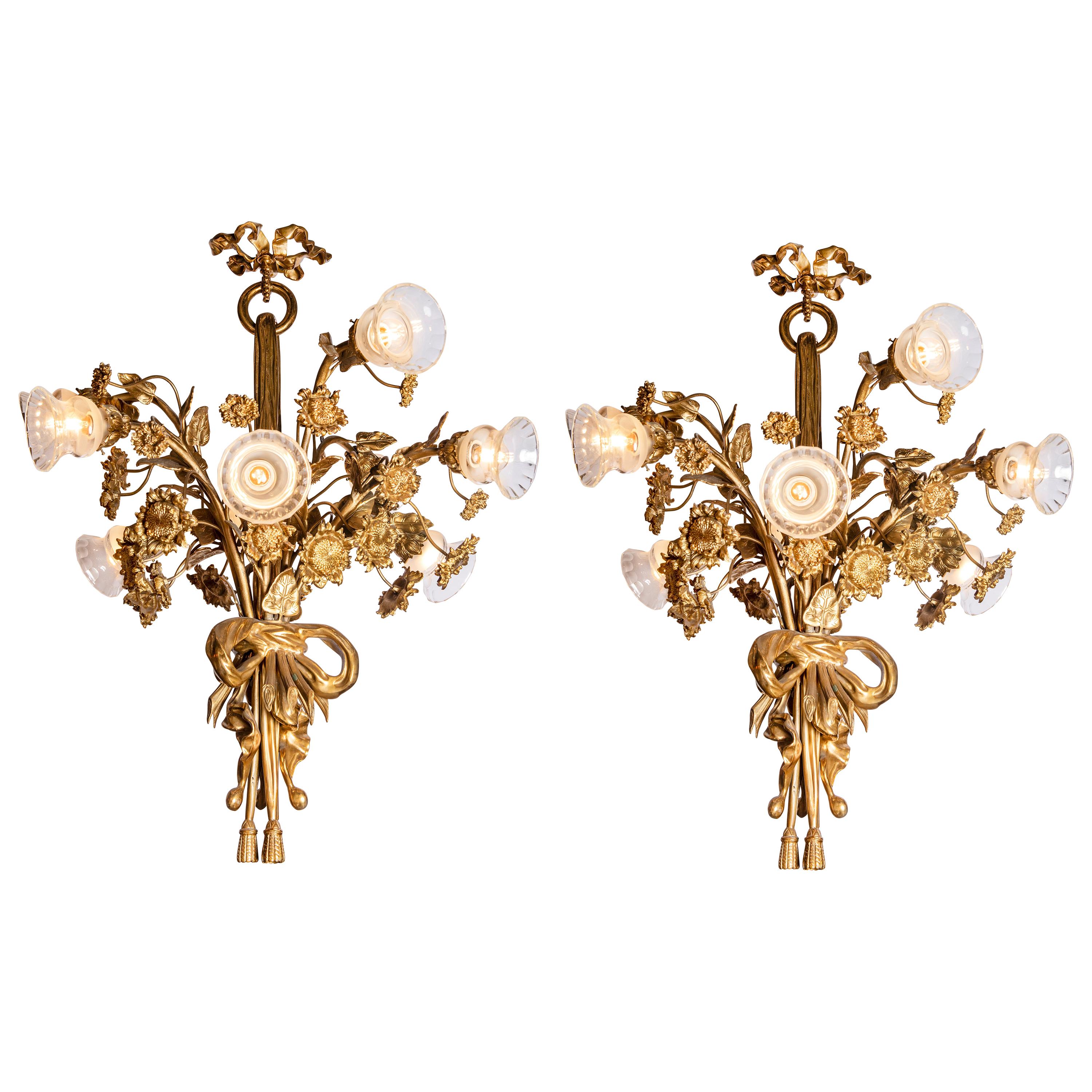 Pair of Gilt Bronze and Glass Chandeliers, France, circa 1890 For Sale