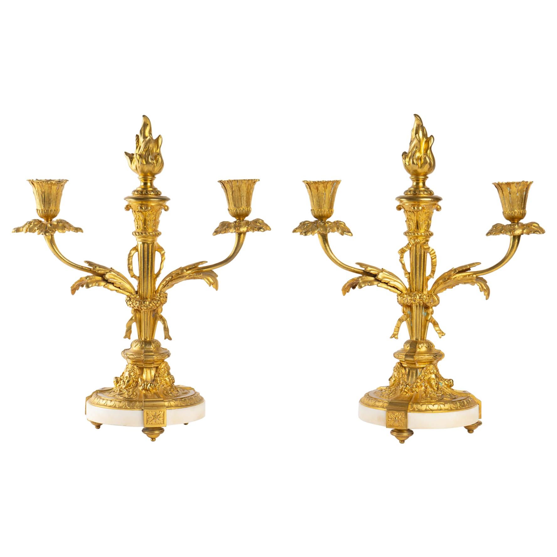 Pair of Gilt Bronze and Marble Candelabra