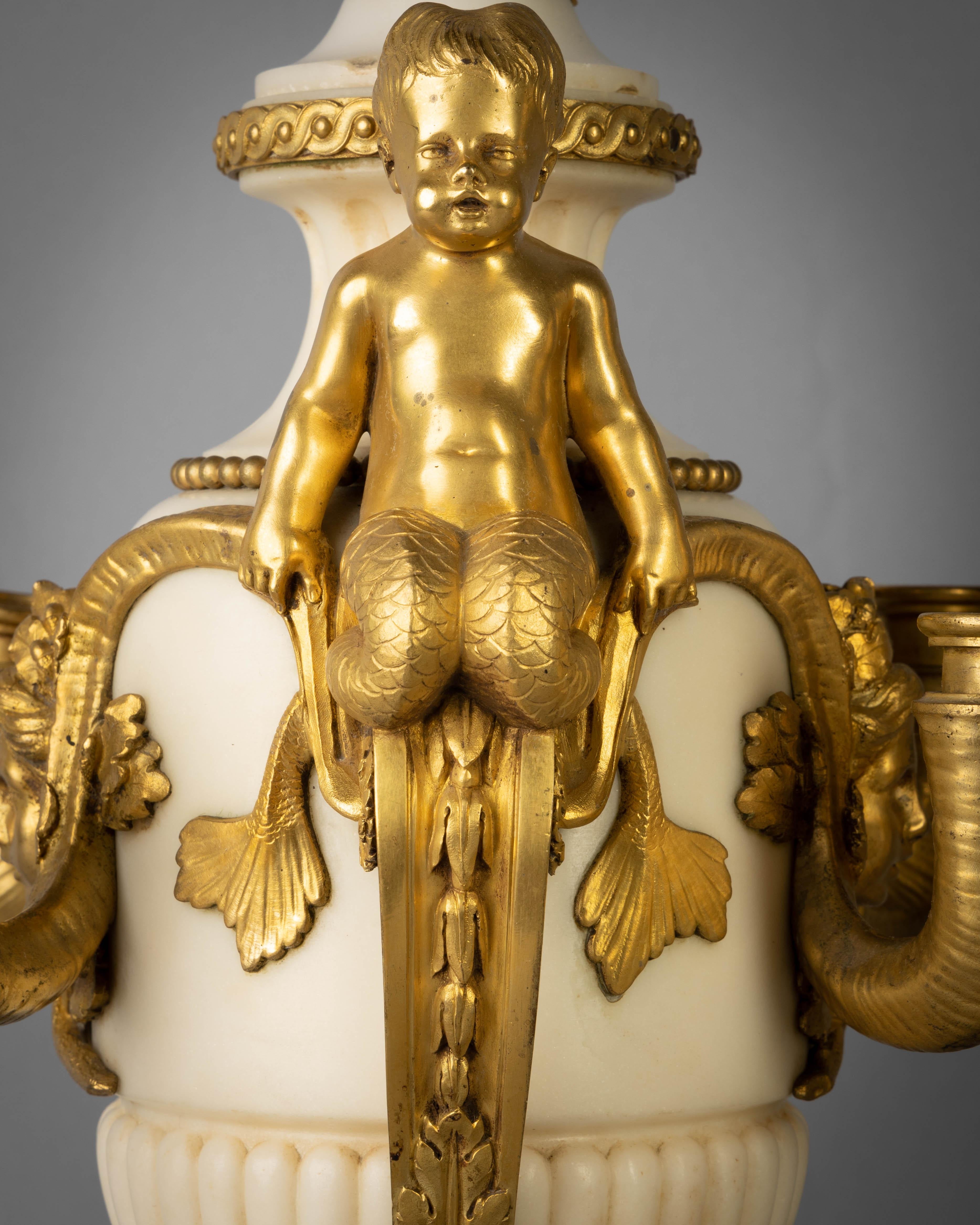 Pair of Gilt Bronze and Marble Figural Four-Light Candelabra, circa 1860 In Good Condition For Sale In New York, NY