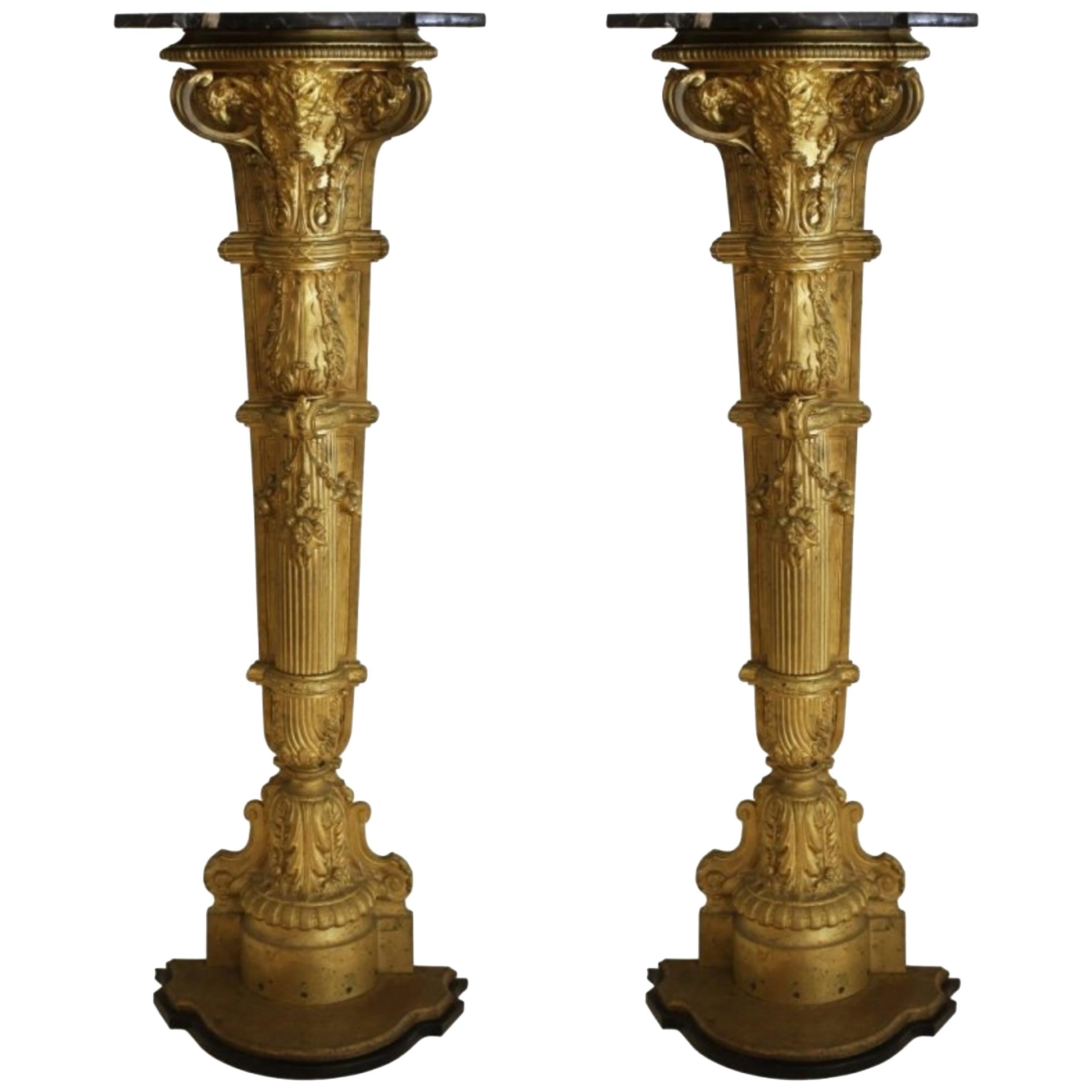 Pair of Gilt-Bronze and Marble-Top Figural Pedestals