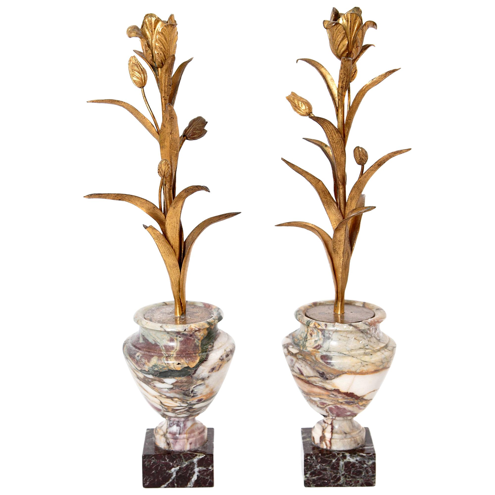 Pair of Gilt Bronze and Marble Tulip Form Candleholders