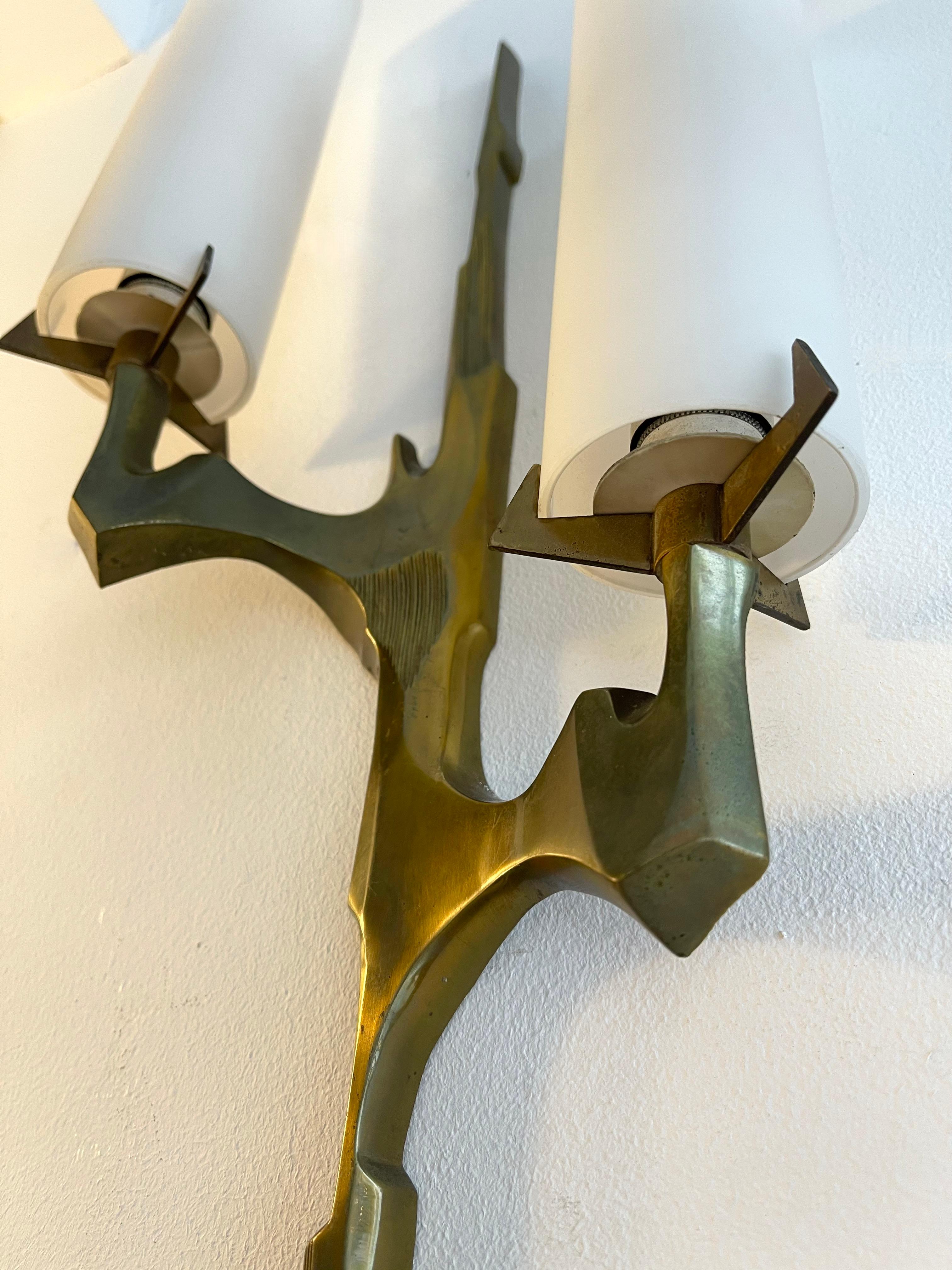 Pair of Gilt Bronze and Opaline Glass Sconces by Maison Arlus, France, 1960s For Sale 7