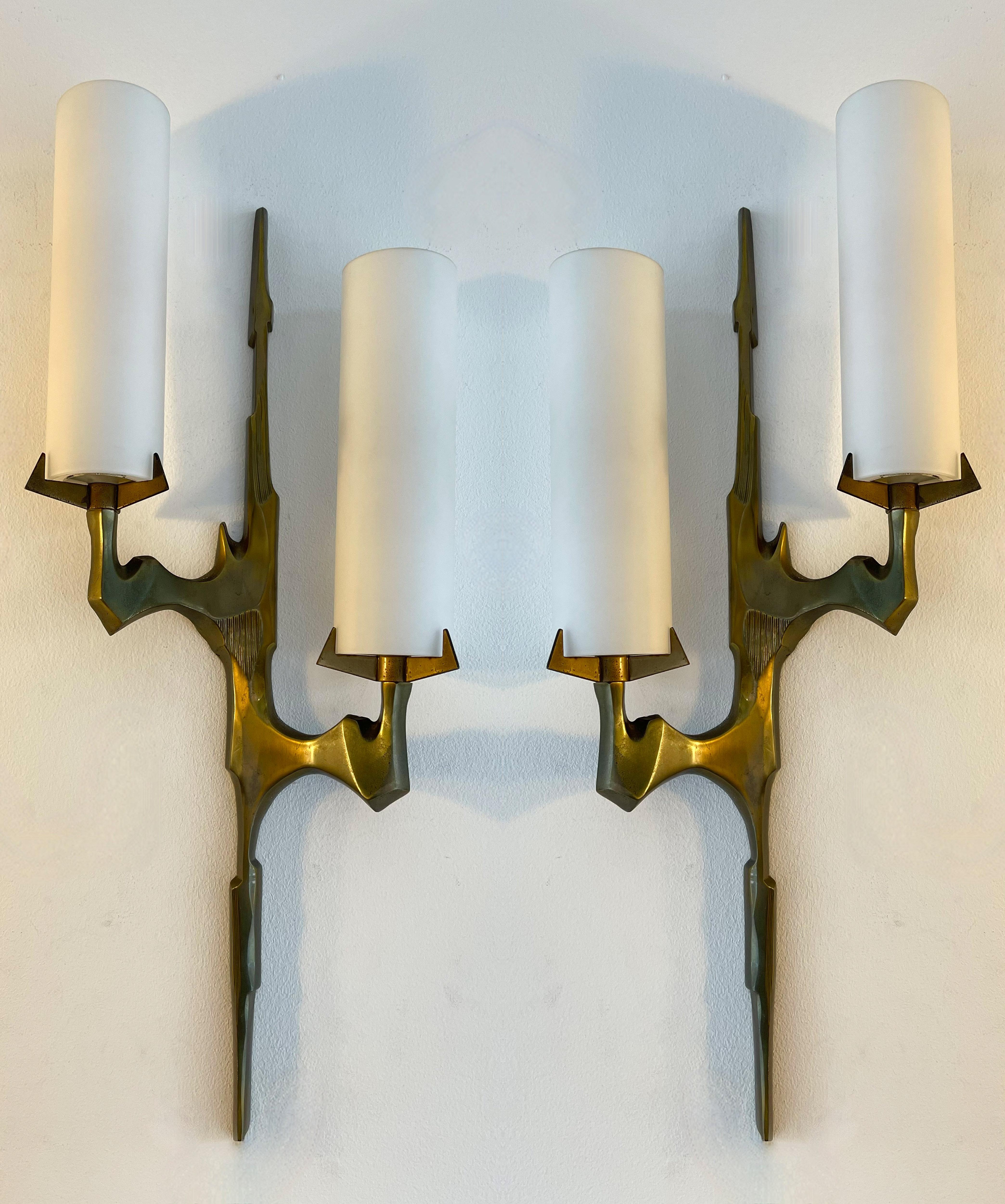 Mid-Century Modern Pair of Gilt Bronze and Opaline Glass Sconces by Maison Arlus, France, 1960s