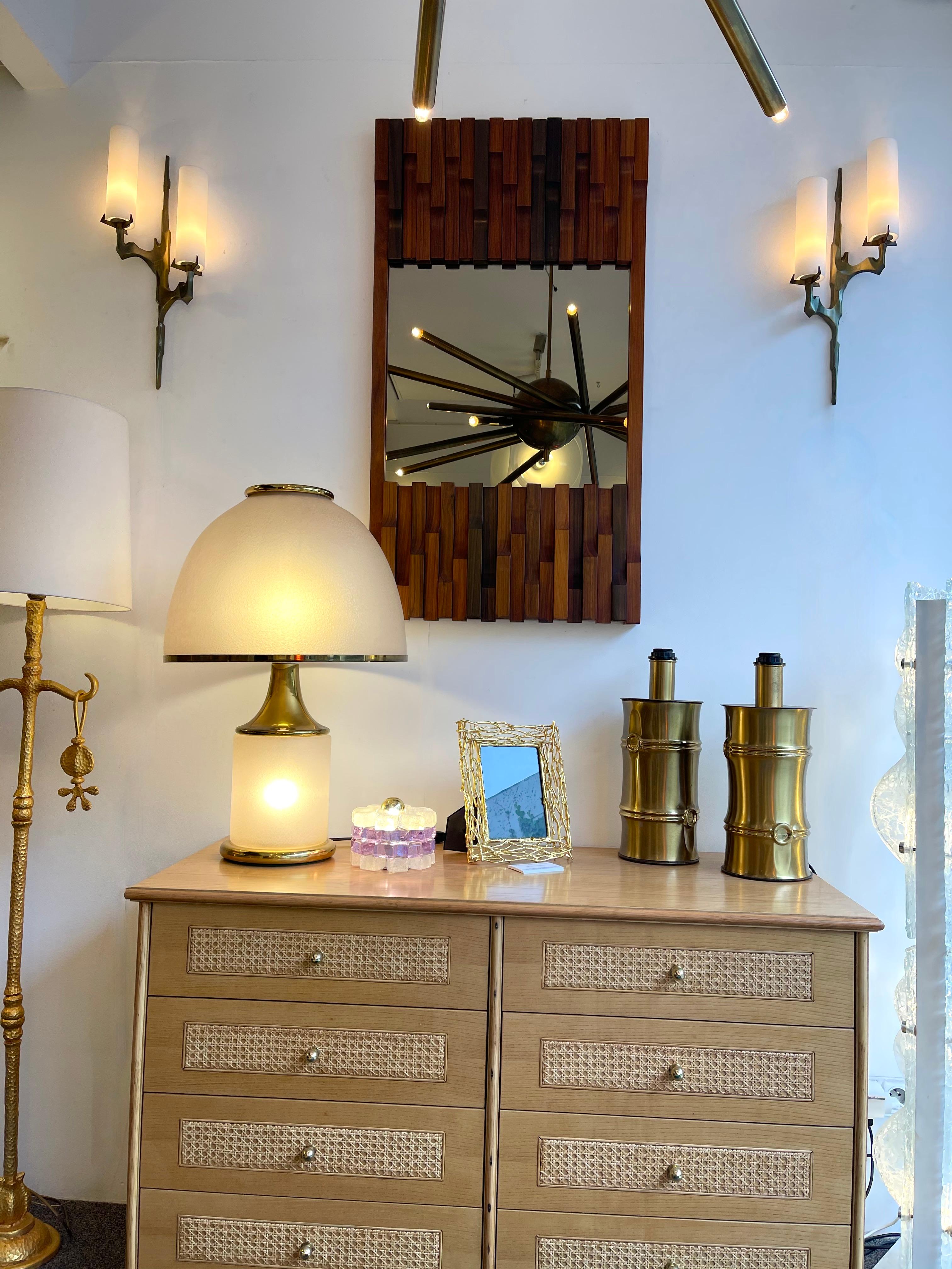 Mid-Century Modern Pair of Gilt Bronze and Opaline Glass Sconces by Maison Arlus, France, 1960s For Sale