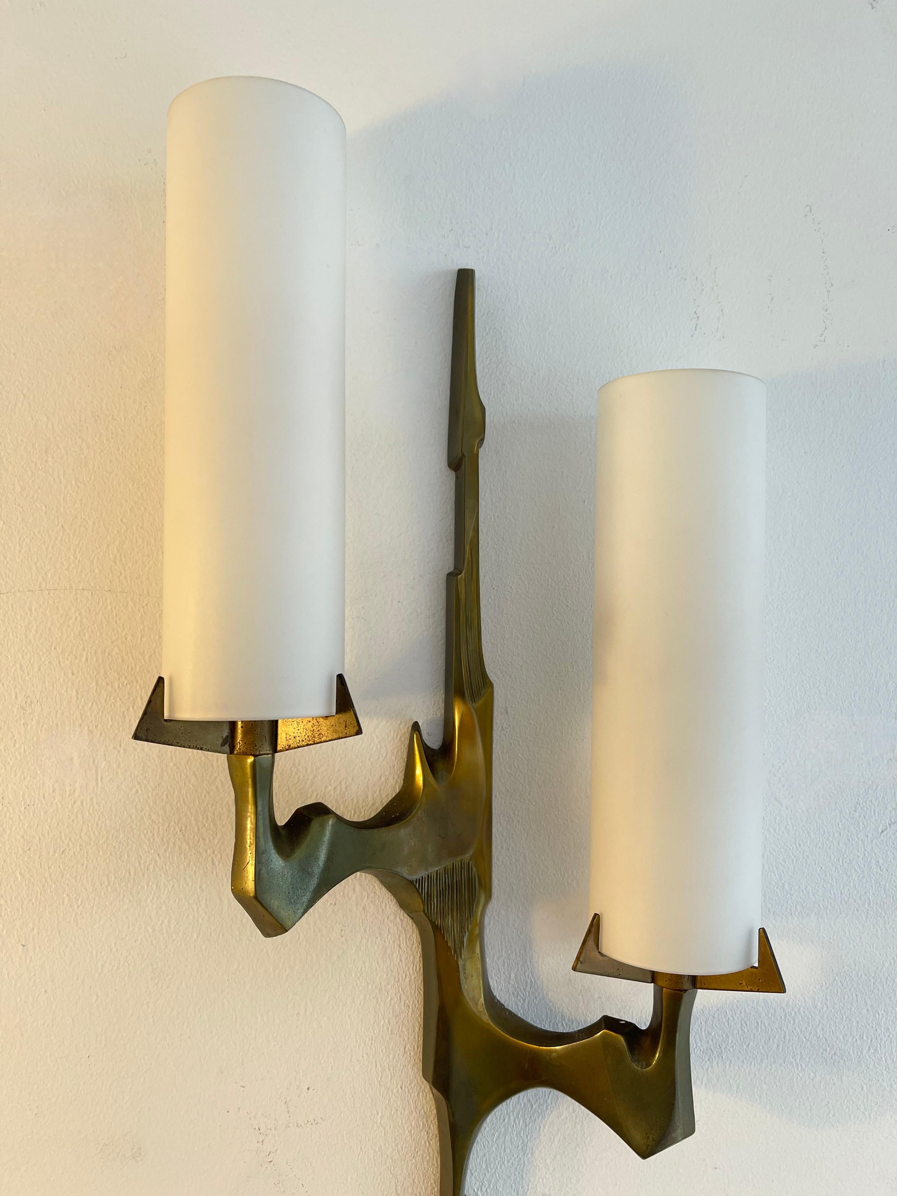 Italian Pair of Gilt Bronze and Opaline Glass Sconces by Maison Arlus, France, 1960s For Sale