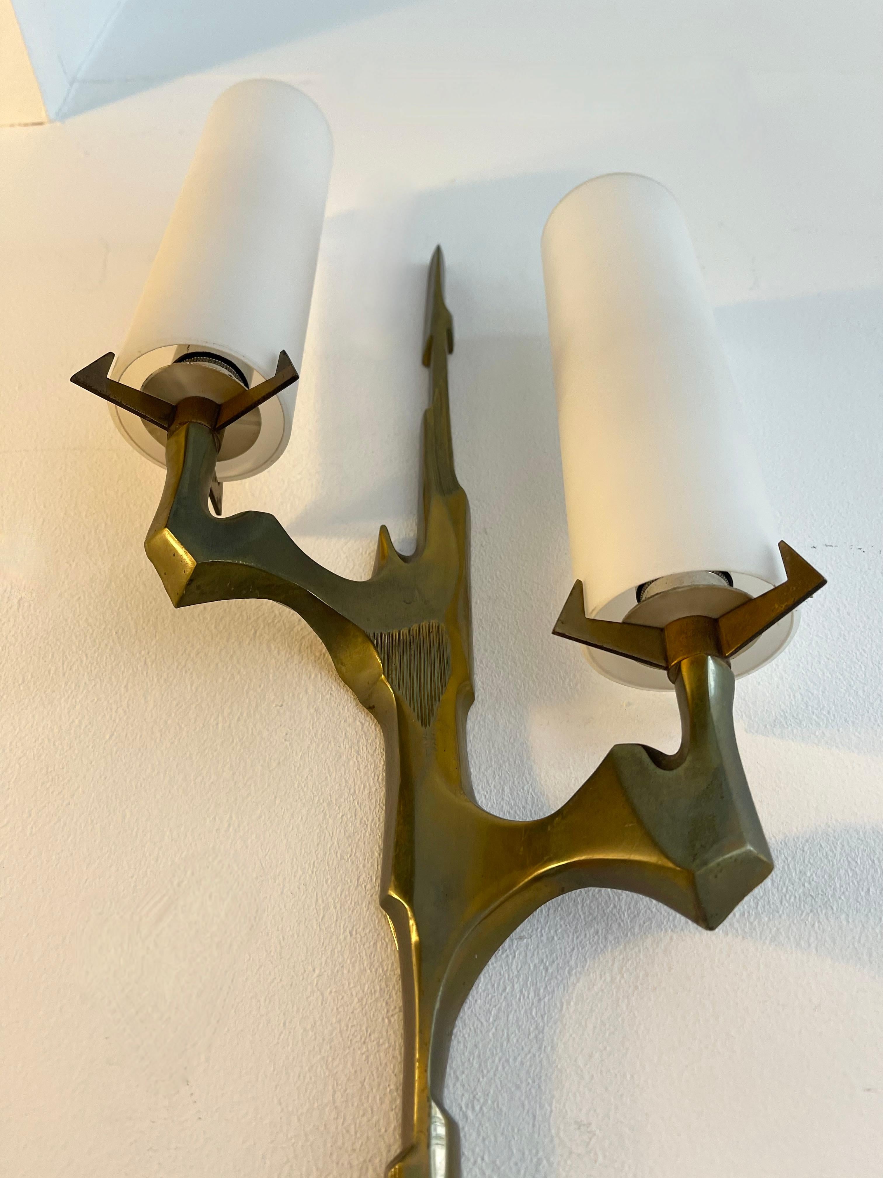Mid-20th Century Pair of Gilt Bronze and Opaline Glass Sconces by Maison Arlus, France, 1960s